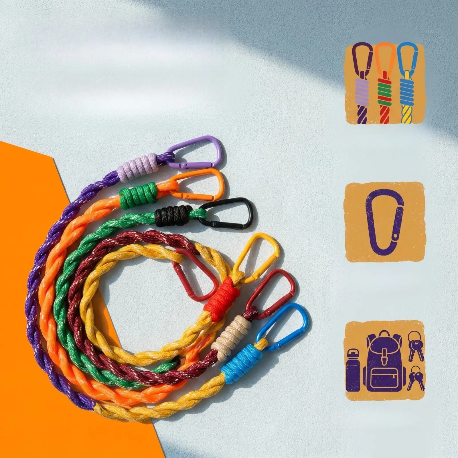 Rainbow Twist Paracord Lanyard with Matching Color Carabiner Clip - Outdoor Wear-Resistant Anti-Lost Utility Wrist Strap, Carry Cord for Camping, Travel, Daily Use (Keys, Water Bottles, Backpacks, Cameras), Multicolor, Paracord Rope