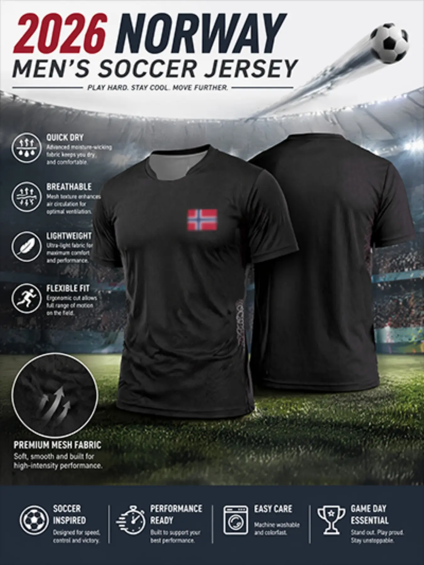 2026 Norway Away Soccer Jersey, Solid Mesh, Viking Tribe Jacquard Side Panel, Quick-Dry, Breathable, Lightweight, Durable, Sporty Style