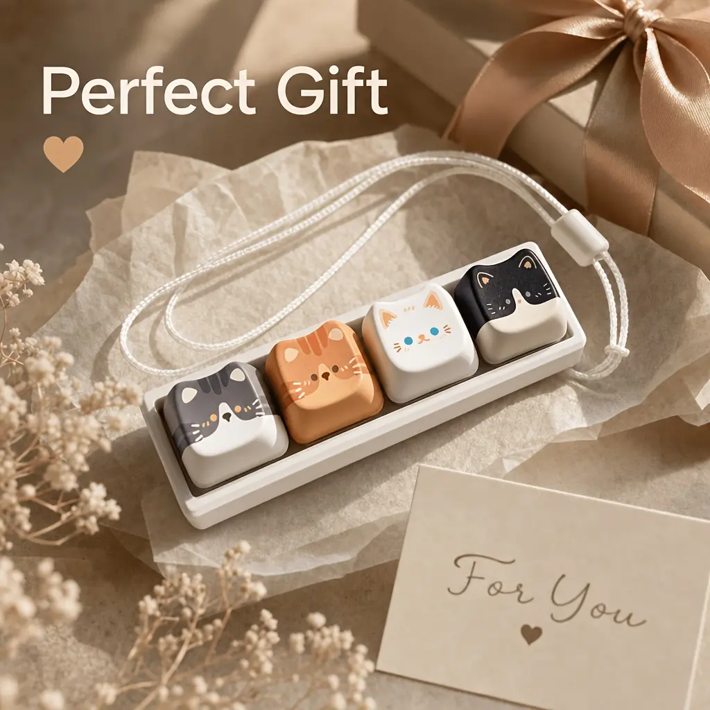 Four cute rectangular cat decompression fingertip button keychain ornaments suitable for holiday gifts, backpack decorations, button keychain toys