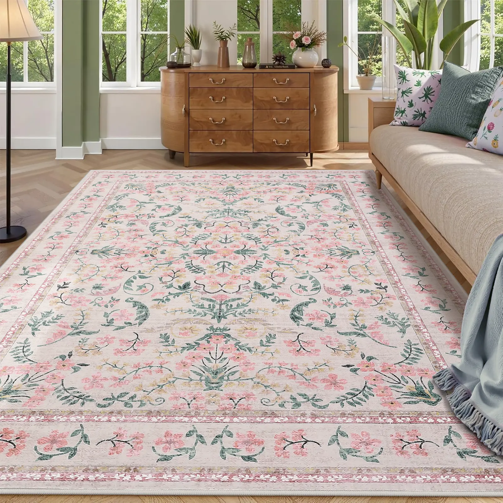 Washable Area Rug, 5x7, 8x10 Boho Floral Soft Rugs for Living Room, Non Slip Low Pile Carpet for Bedroom, Dining Room, Nursery, Hallway, Pink