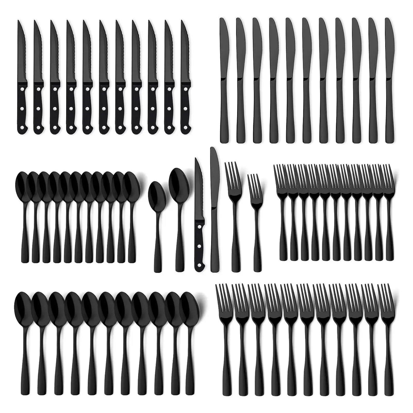 72-Piece Black Silverware Set for 12 - Stainless Steel Flatware with Mirror Polish, Includes Steak Knives, Forks and Spoons, Dishwasher Safe for RestaurantGift