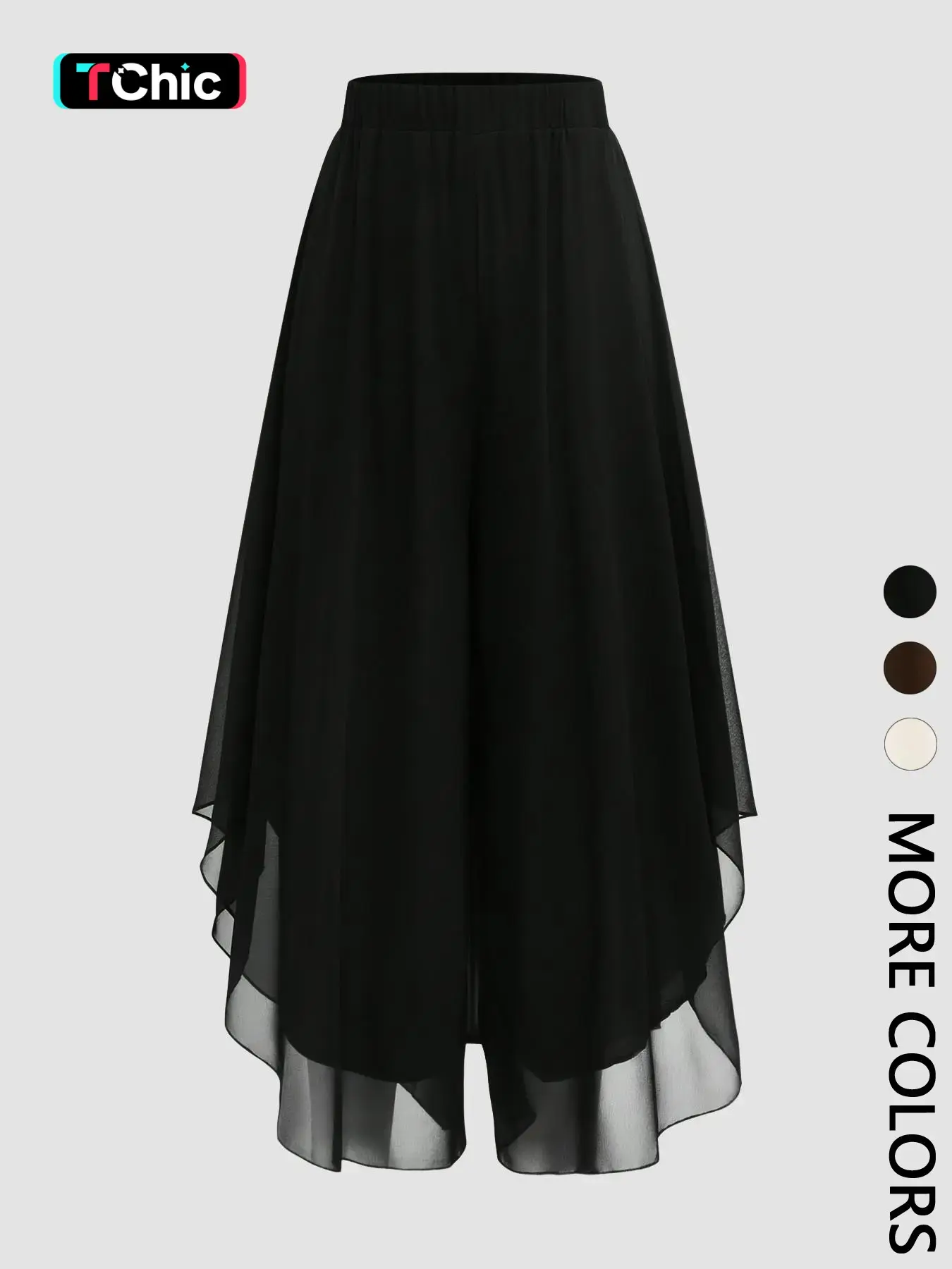 Women's Elastic Waist Wide Leg Culottes Layered Sheer Overlay Asymmetrical Handkerchief Hem Flowy Midi Pants Hybrid Elegant Casual Style