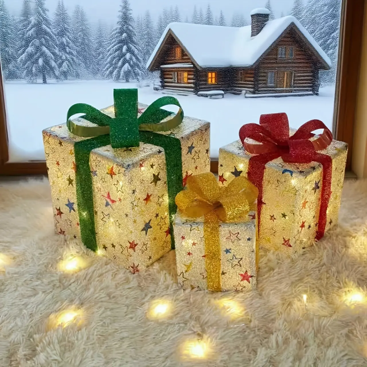 Christmas Decoration Boxes, 3-Pack Multiple Styles, Gift Box Christmas Ornaments, Warm Lights Easy Installation, Suitable for Indoor/Outdoor, Perfect for Holiday Parties Christmas Tree Decor Gift Giving
