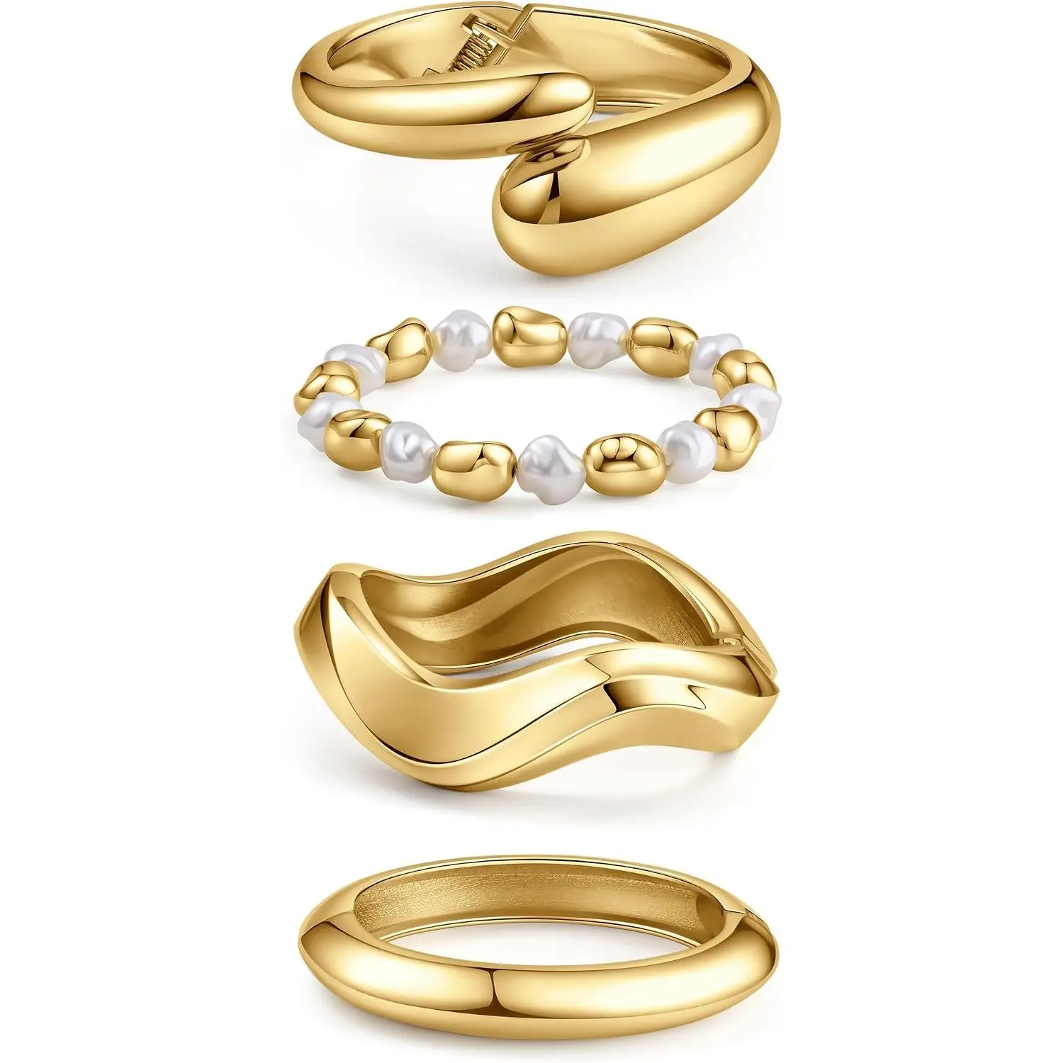 4Pcs Chunky Gold Bangle Bracelets for Women, Stackable Bracelet Set with Pearl Beaded, Hinged & Sculptural Wide Bangles, Trendy Statement Jewelry