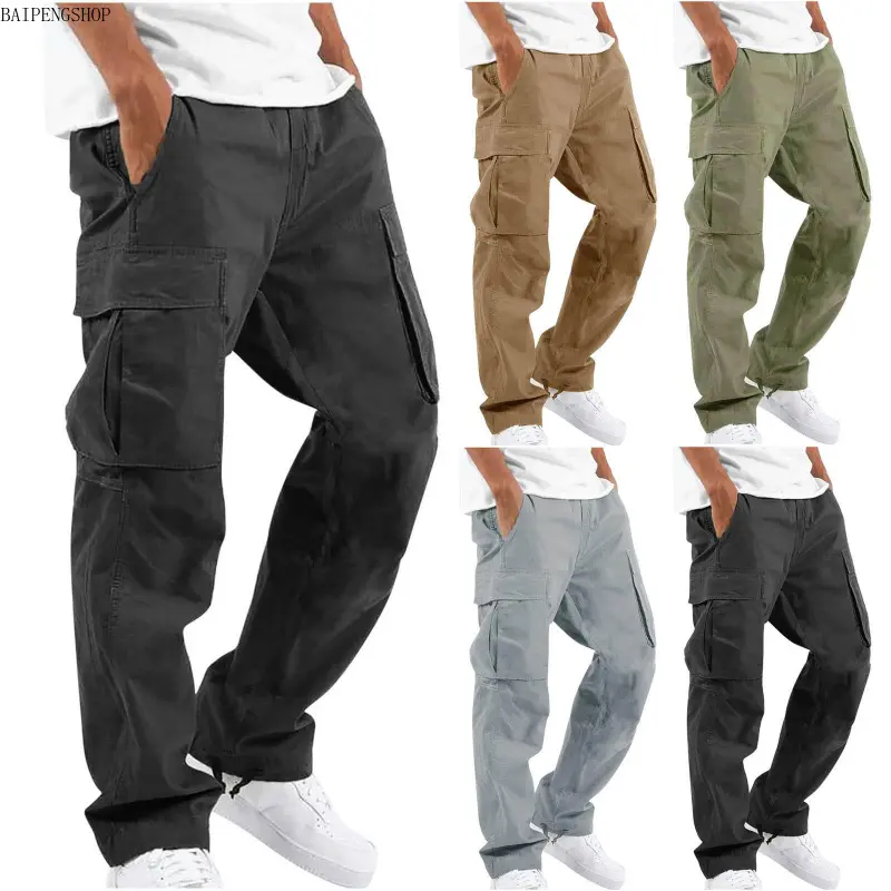 Men's Flex Stretch Cotton Cargo Pants, Multi Pocket Loose Fit Beige Khaki Plain Casual Trousers, Soft Comfortable Stretchy Waist Durable Casual Bottoms for Men, Versatile Menswear Ideal for Daily Wear, Work, Outdoor Activities & Streetwear