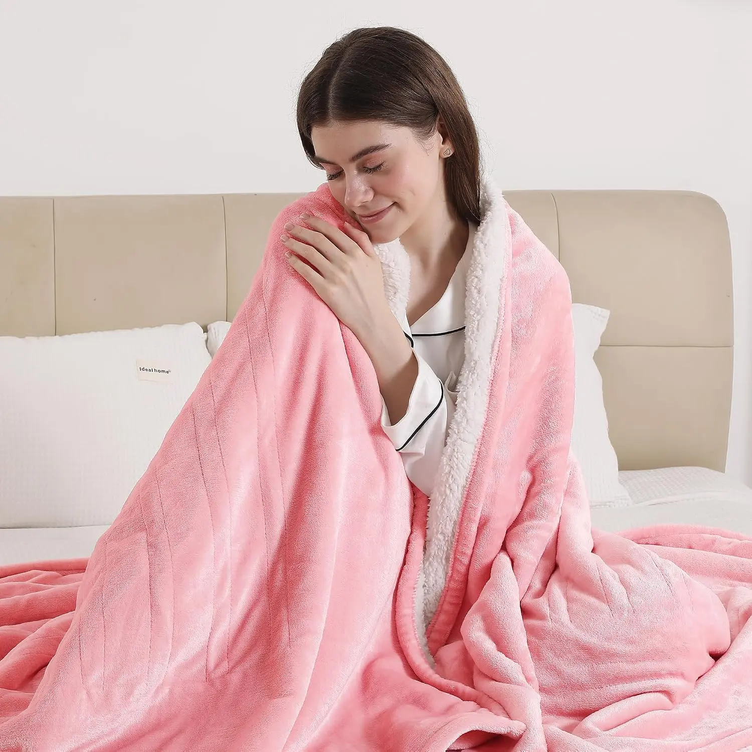 Heated Blanket Throw, Electric Throw Blanket with 5 Heating Levels & 4 Hours Auto Off, Soft Cozy Flannel Sherpa Electric Heated Blanket with ETL Certified for Office, 50"x60", Pale