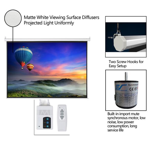 100" 4:3 80"*60" Motorized Projector Screen with Remote Control, Matte White Viewing Area, Ceiling/Wall Mountable, Silent Operation for Home Theater, Office, Classroom