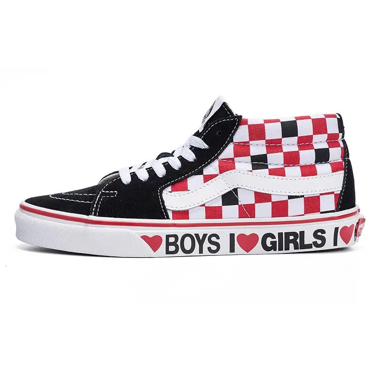 Vans SK8 Hi I Heart Checkerboard Skate Shoes for Men and Women in Black Red White Verifiable, with credentials and supporting global authentication