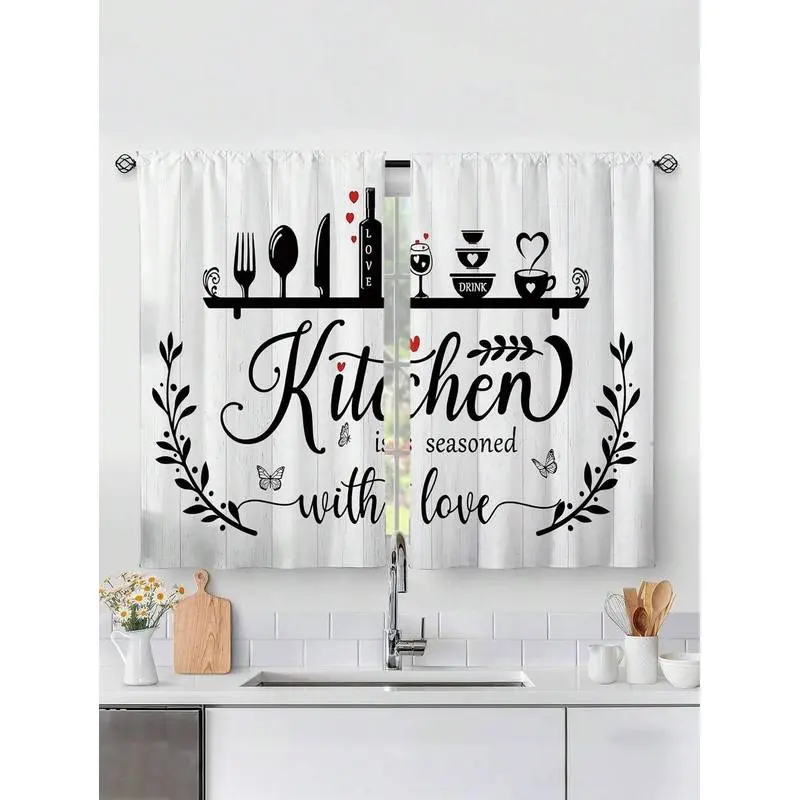 2pcs Vintage Fork Spoon Printed Kitchen Window Curtain,Without Holes Curtain,Short Curtains,Refer To Bedroom Office Kitchen Living Room Study Home Decor