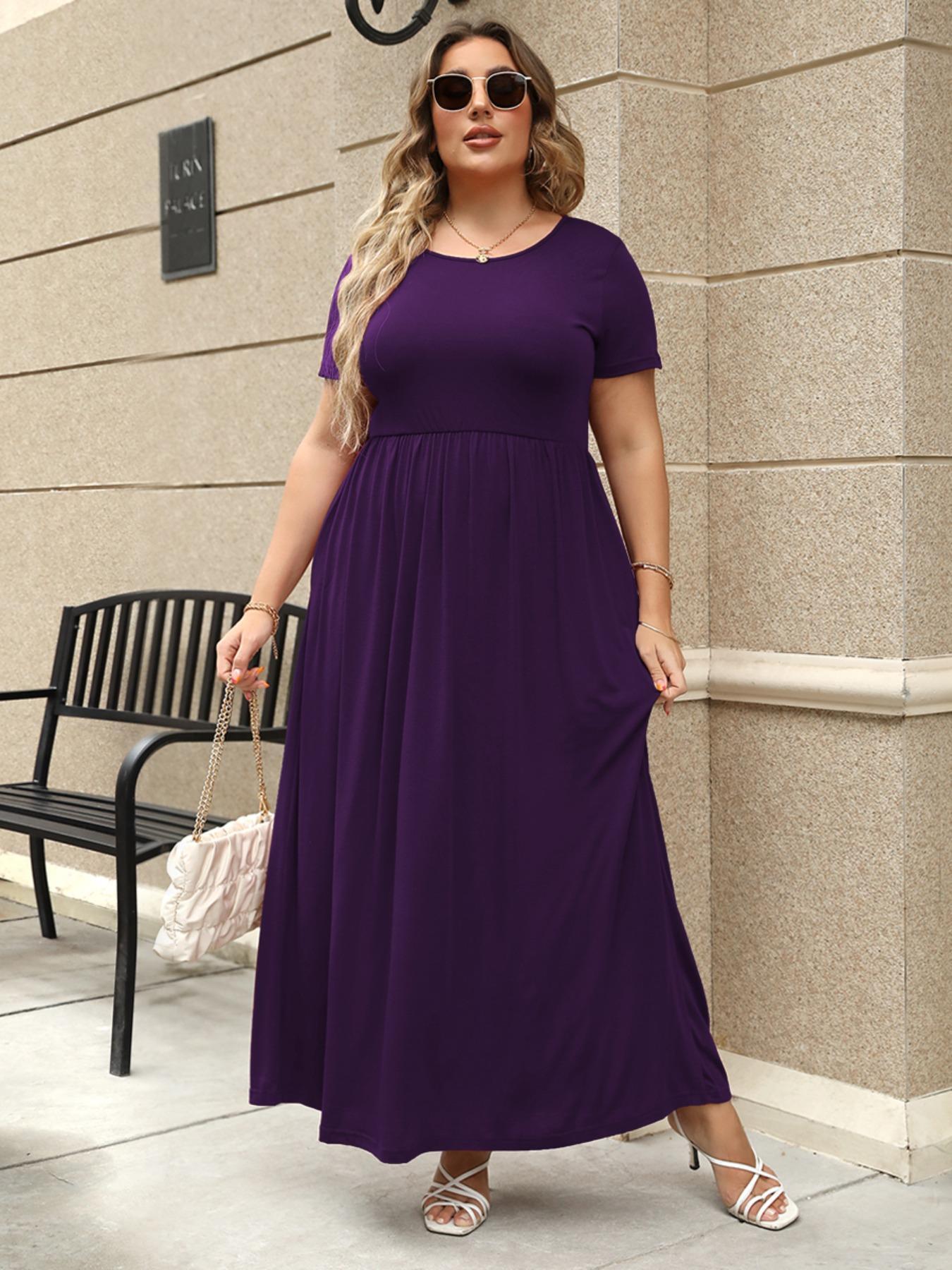 Women's Round Neck Stretchy Casual Long Plus Size Dress, Fitted, Perfect for Bridesmaids, Vintage Style Wedding & Party Wear, Comfortable Fabric, Summer Wear