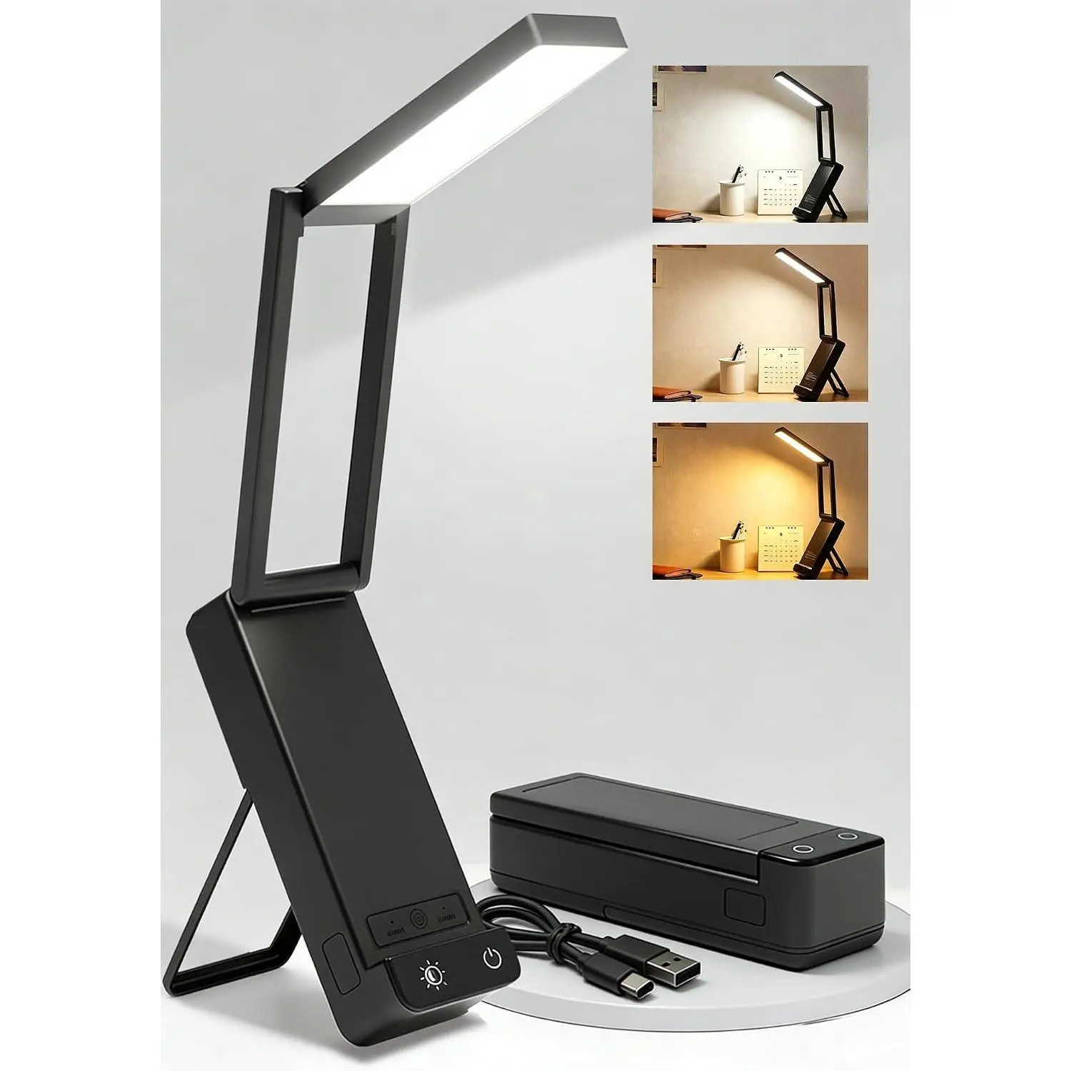 LED Rechargeable Desk Lamp, 6000mAh Battery Operated Light, Cordless Table Lamp for Book Reading, Foldable Mini Lamp & Portable, 3 Color Dimmable Small Wireless Reading Lamp, Black