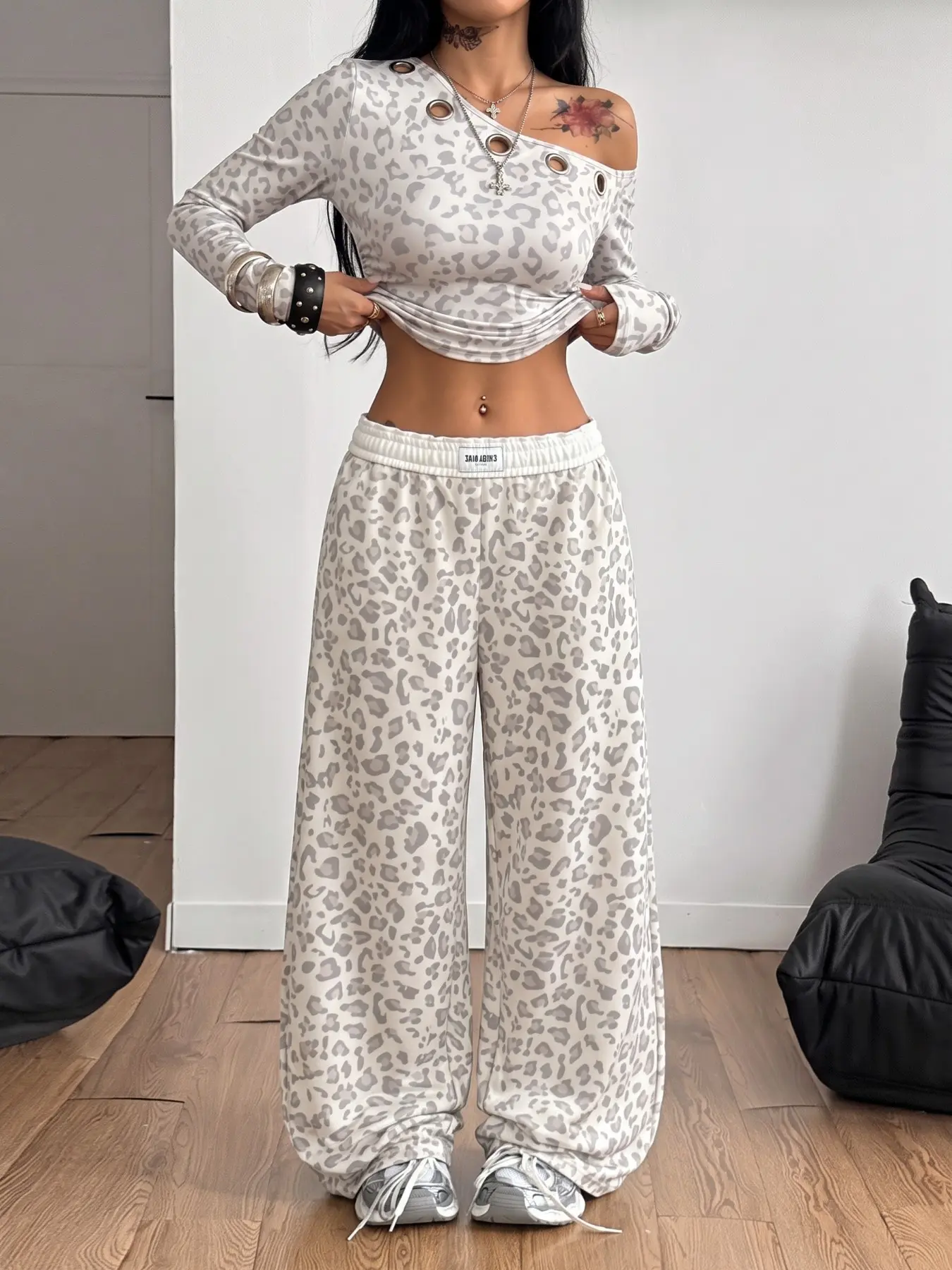 Gray Leopard Print 2 Piece Set Women Off Shoulder Eyelet Long Sleeve Crop Top High Waist Wide Leg Sweatpants Y2K Casual Lounge Outfit Streetwear Matching Tracksuit Casual Loungewear Sets