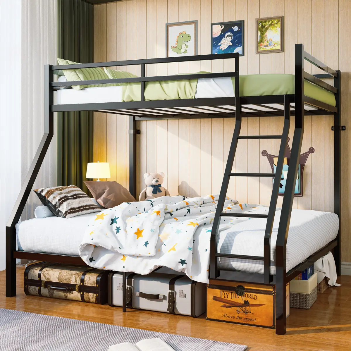 [Bellemave]Twin Over Full /Twin over QueenBunk Bed with Metal Slat Support, Built-In Angled Ladder, Upper Guardrails and Underbed Storage Space, Reinforced Metal Frame for Shared Bedrooms and Guest Rooms, Black