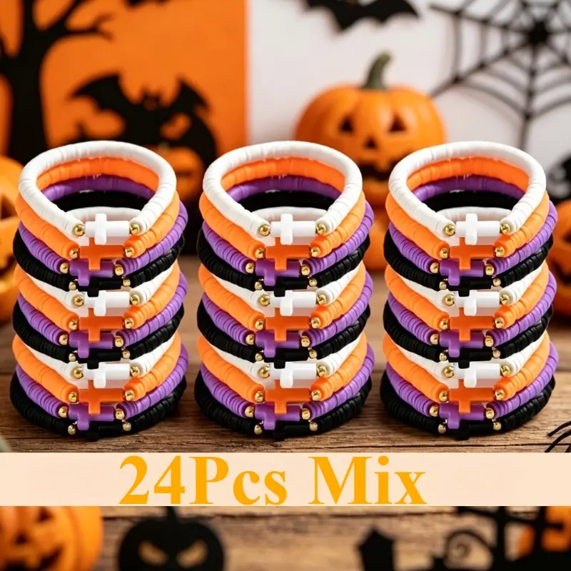 24Pcs Halloween Cross Charm Beaded Bracelet Bulk, Orange Black Purple White Polymer Clay Stretch Bracelet Sets, Ideal Holiday Jewelry Accessories, Perfect Goodie Bag Fillers, Party Favors for Halloween Events, Costume Parties and Holiday Gift Giving