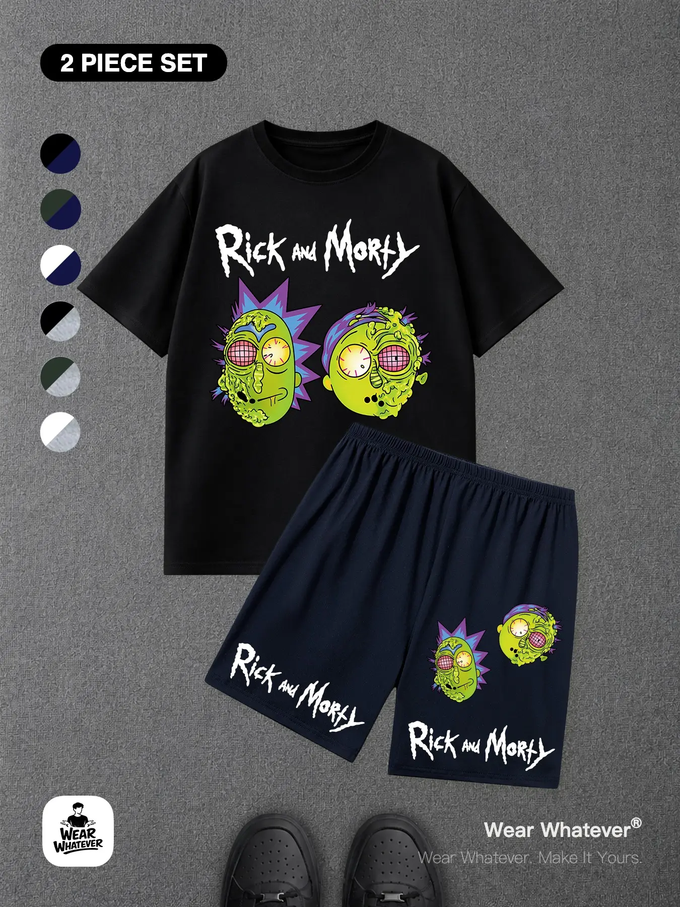 | 2-Piece Matching Set | Wear Whatever Rick and Morty Graphic Comfortable Breathable Short Sleeve Round Neck Tee + Shorts, Casual Loose-Fit for Daily Wear at Home or Outdoors
