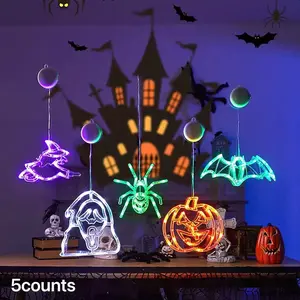 5 Halloween LED Suction Cup Lights, Pumpkin Bat Spider Witch Ghost Face Decor, Battery Powered, Indoor Horror Atmosphere, Party Supplies