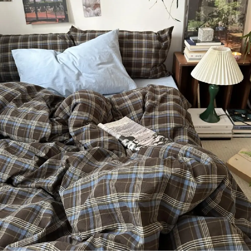 Gingham Duvet Cover Set Queen Size Brown Blue Bedding Set for Girls Boys,Vintage Duvet Comforter Cover with Grid Pattern with Zipper Closure and 2 Pillowcases