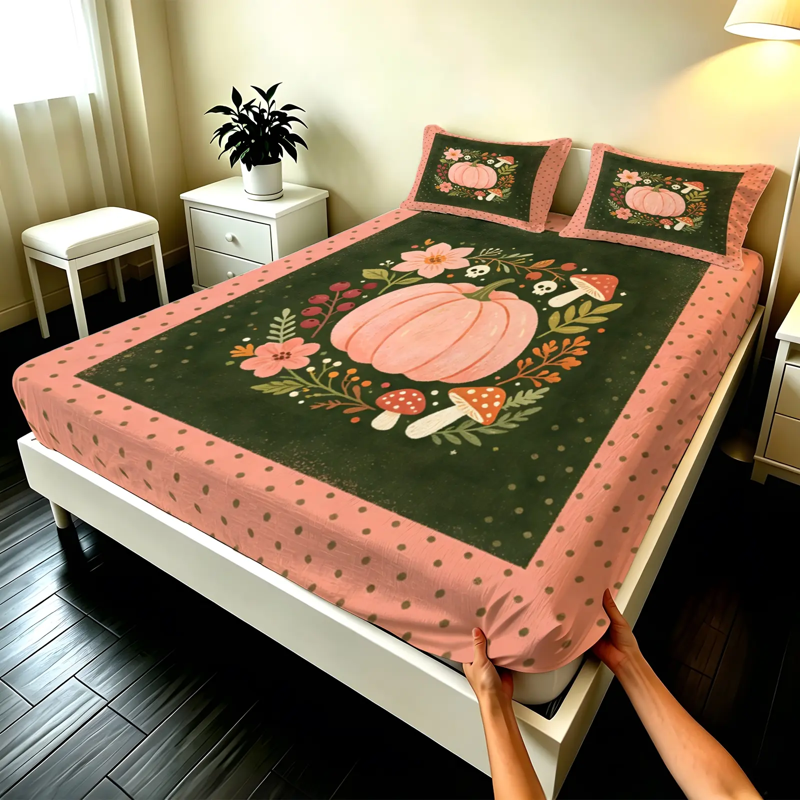 2/3pcs polyester fiber bed cover set (1bed cover +1/2 pillowcases) Pink Pumpkin Boho Floral Mushroom Print Soft Microfiber Bedding Set Wrinkle Resistant Fade Proof Breathable Cozy Farmhouse Style Bed Cover Set for Bedroom Guest Room Home Use Fit Ful