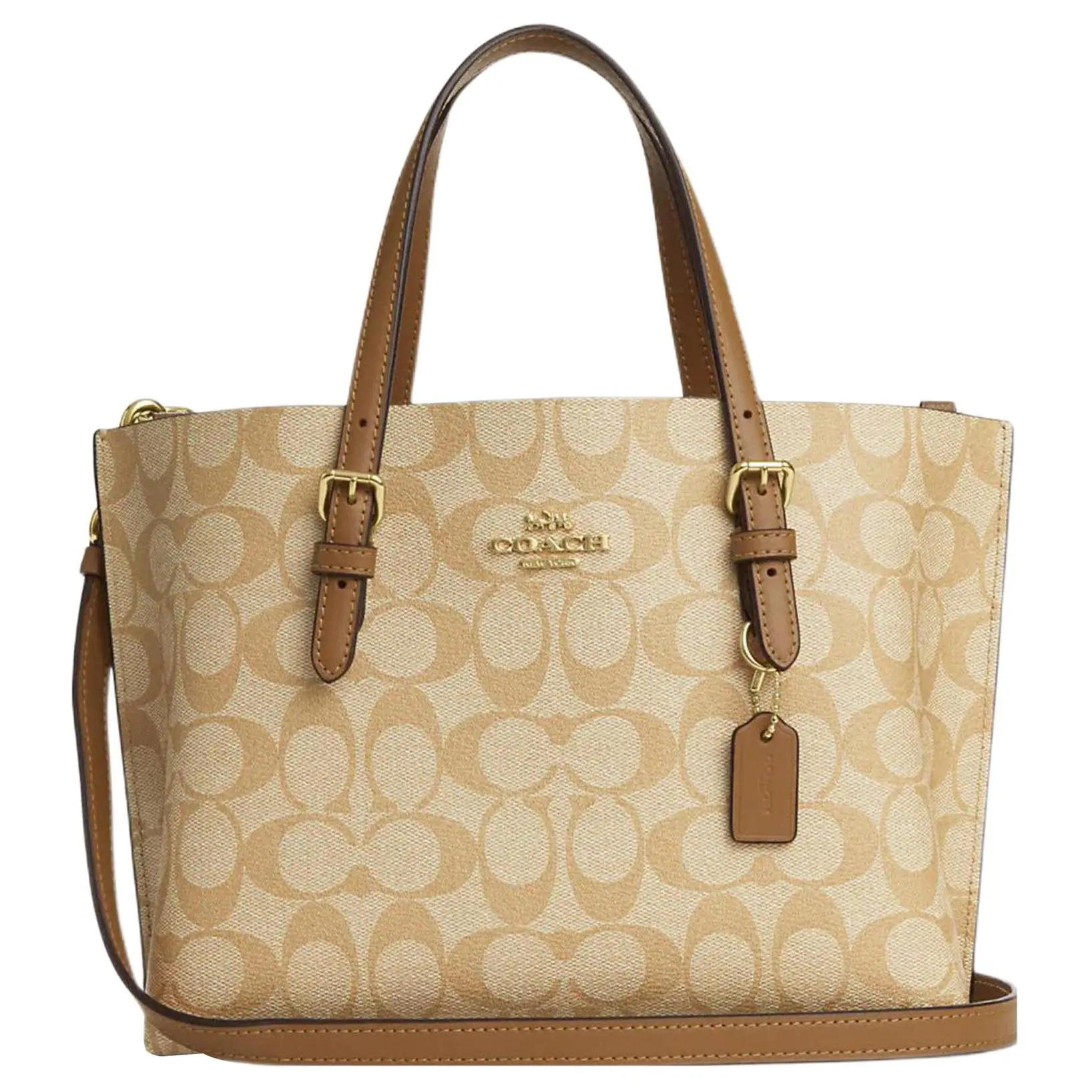 COACH Mollie Classic Monogram Zip Tote Bag for Women, Coated Canvas with Smooth Leather, Khaki