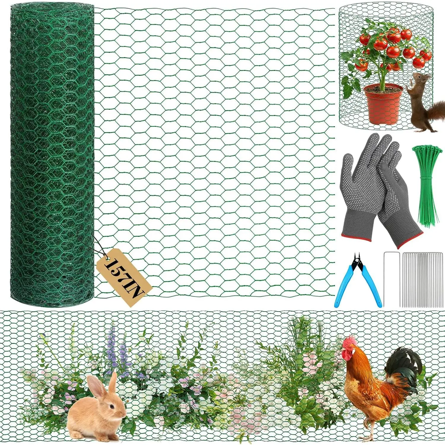 Plant Protectors from Animals 15.7 x 157 in Green Chicken Wire Plant Cages for Outdoor Plants, Hexagonal Wire Plant Protector with Ground Stakes, Pliers, Garden Protection from Animals