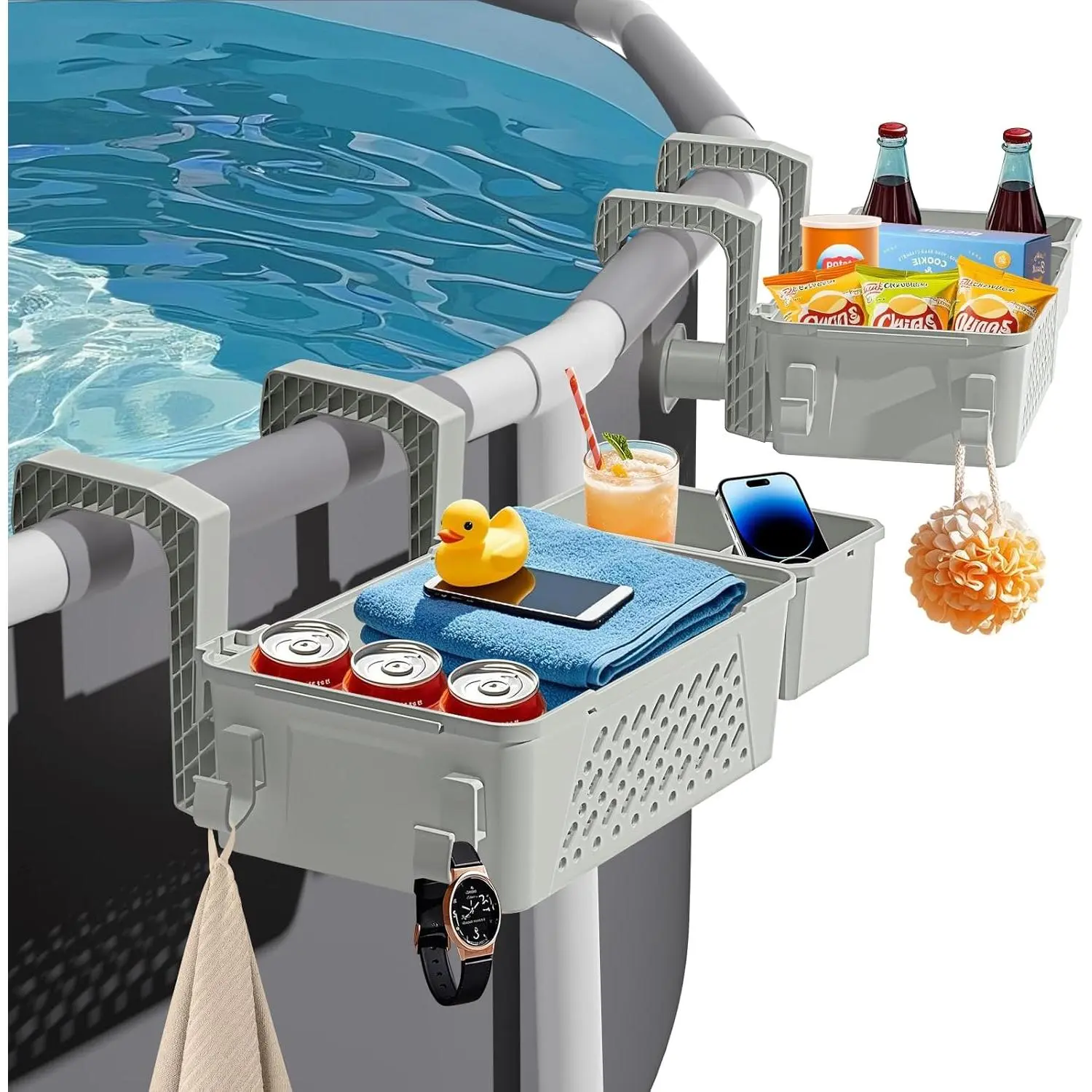 Above Ground Pool Storage Basket 2-Pack - Swimming Pool Organizer with Cup Holders, Fits 3" or Smaller Top Rails, Versatile Storage for Pool Toys, Towels, Beverages (Grey)