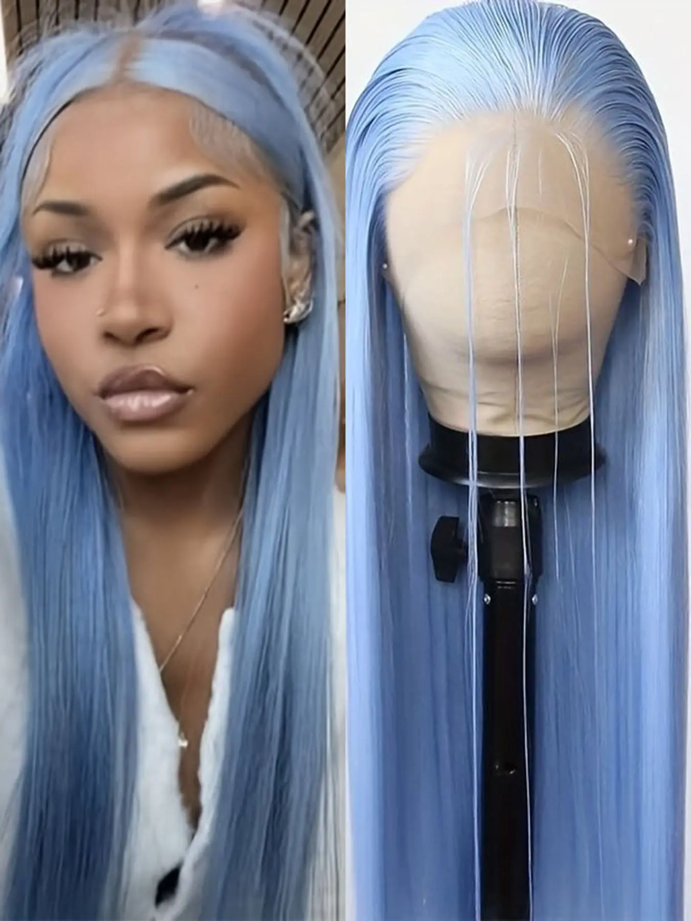 Light Blue Lace Front Wig, Long Silky Straight Wigs for Women, Lace Frontal Wig, 13x4 Lace Natural Hairline Daily Use Premium Synthetic Hair High Heat Resistant Fiber, Halloween Party Wigs