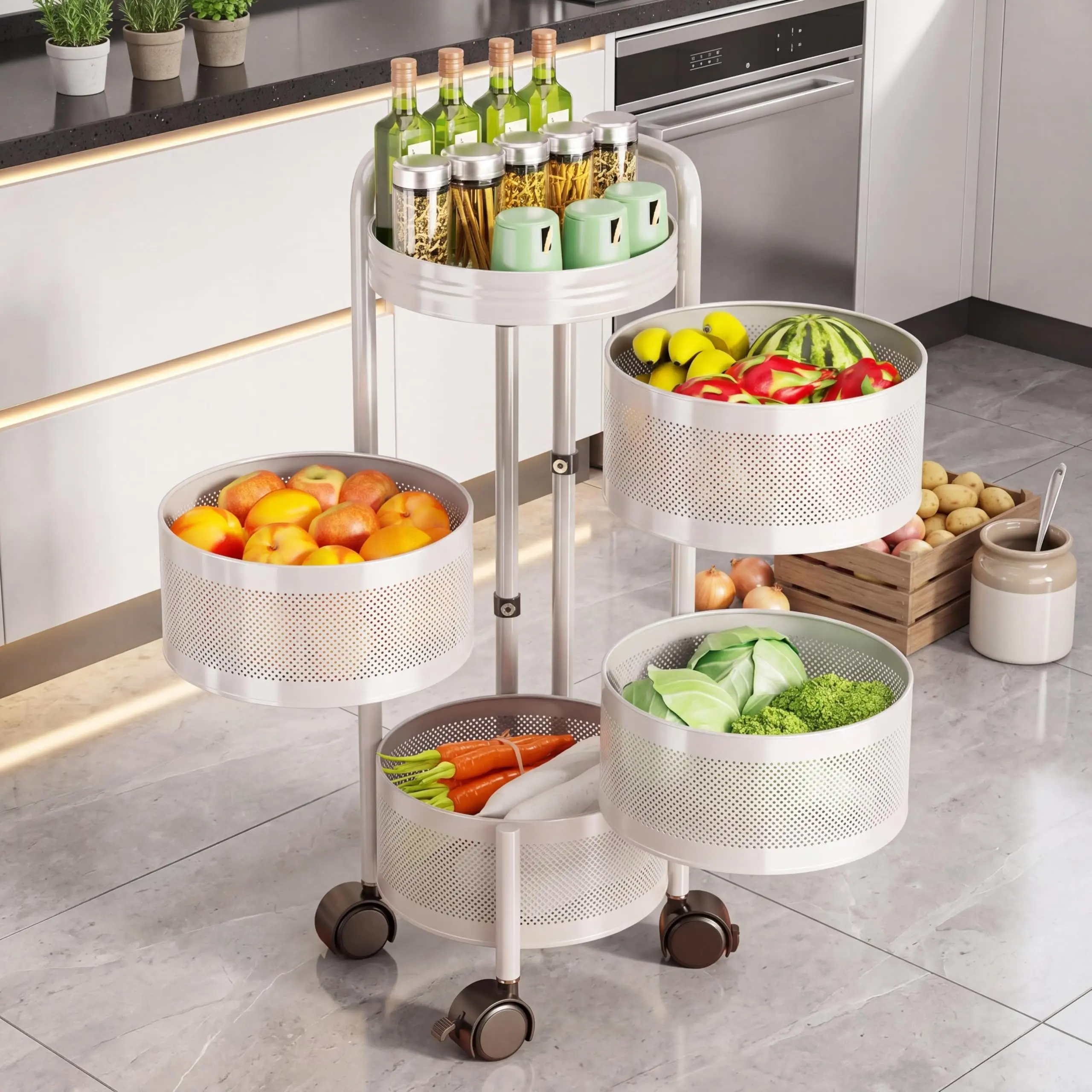 Garvee 4-Tier Kitchen Utility Cart – Metal Rolling Organizer with Wheels & Round Baskets – Versatile Fruit, Vegetable & Snack Storage Rack for Kitchen, Living Room, or Bathroom – White, 4 Layers