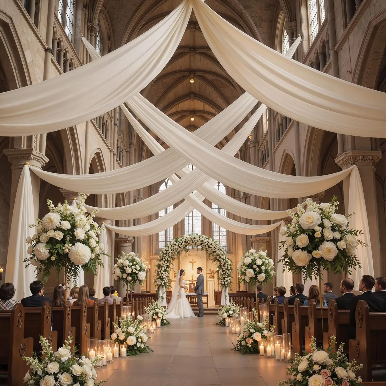 Beige Thick Polyester 4-Panel Ceiling Drapes (5ft W x 20ft) - Wrinkle-Free Wedding Decor, Banners for Party Events, Stage Swags