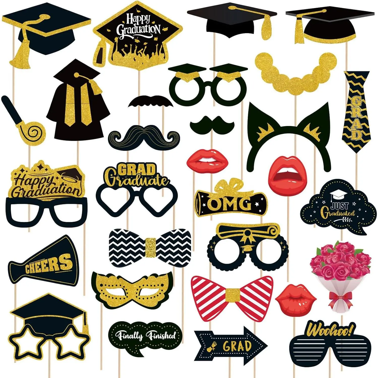 Graduation Photo Booth Props 2026 – Pack of 30 Black Photo Props for Graduation Party Decorations | Class of 2026 Graduation Decor, Senior College Photo Shoot Supplies