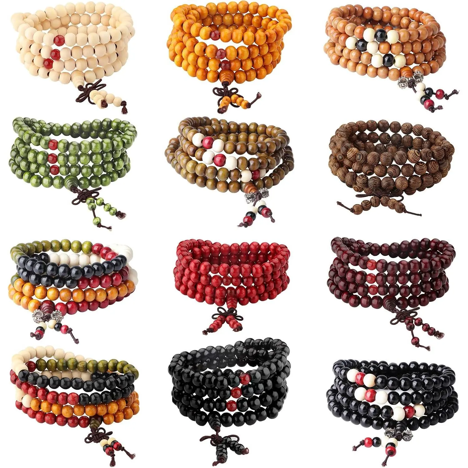 Unisex 8MM Synthetic Sandalwood 108 Mala Bead Jewelry - 12-Count Multilayered Elastic Tibetan Buddha Link Wristpiece, Convertible Meditation Strand Bracelet & Bangle