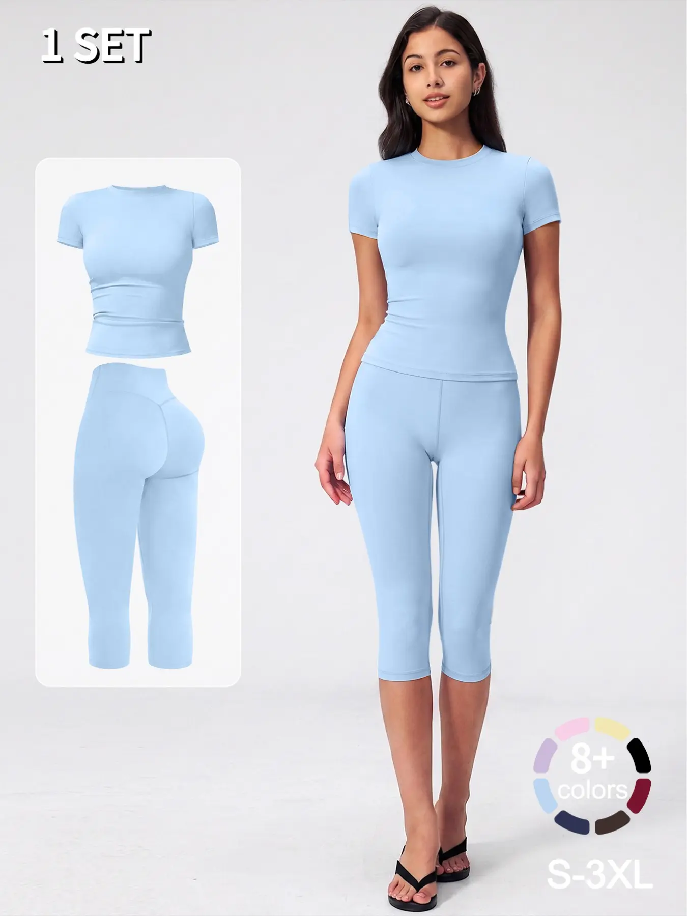 1/2/Sets Women's Workout T-shirt Capri Leggings Capris Yoga Pants High Waist Short Sleeve T-shirts Slim Fitness Yoga Suit for Gym Sports Daily wear All Seasons Yoga Sportswear Set