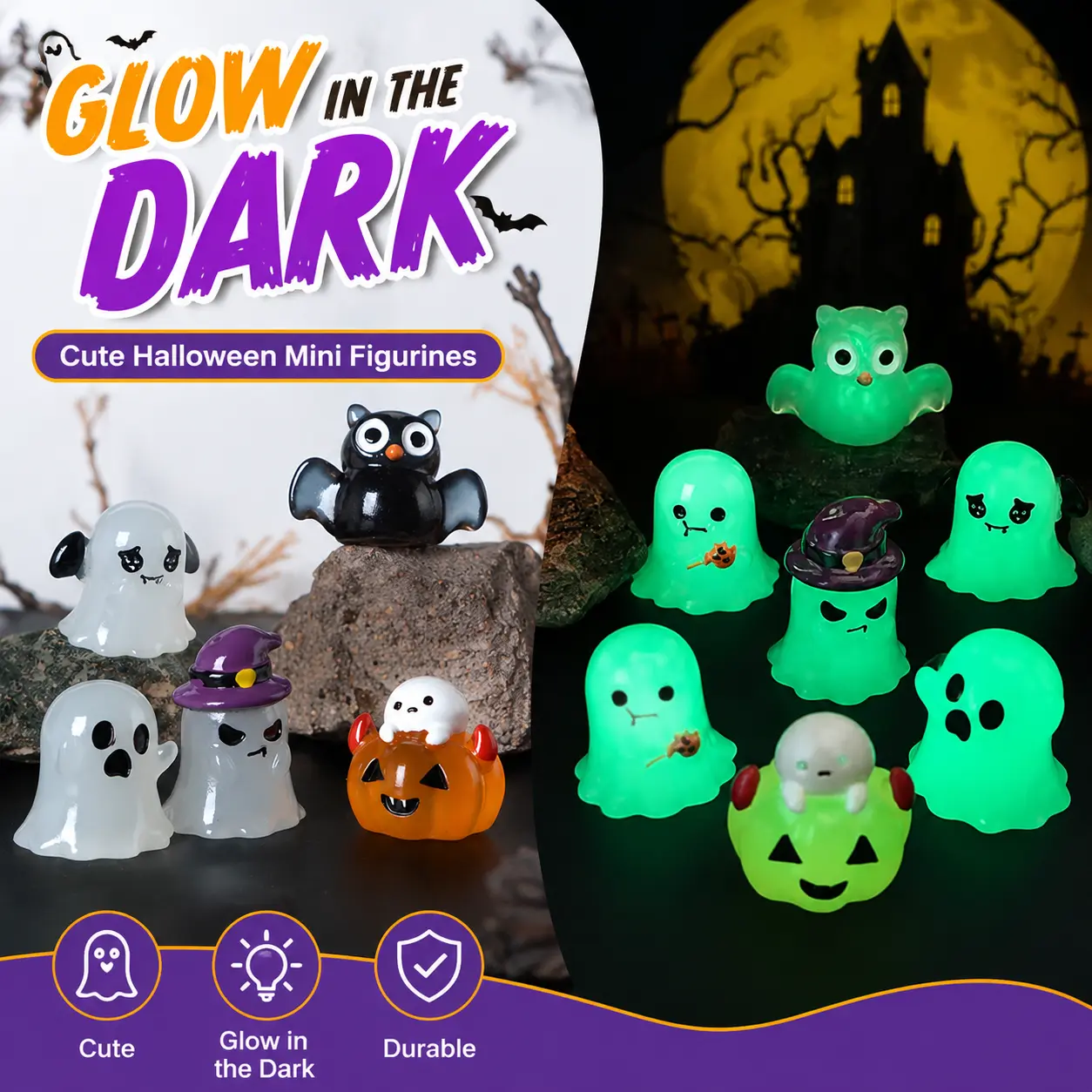 3 PCS Halloween Mini Luminous Ghost Figurines Mini Resin Ghost Ornaments Gifts Halloween Ornament Holiday Table Decor-YY1
