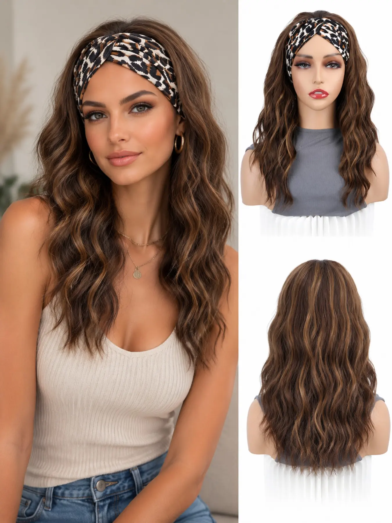 16 Inch Leopard Headband Wig Synthetic Wavy Hair, Glueless Head Wrap Wig Natural Looking Soft Fiber Wig for Women Daily Wear