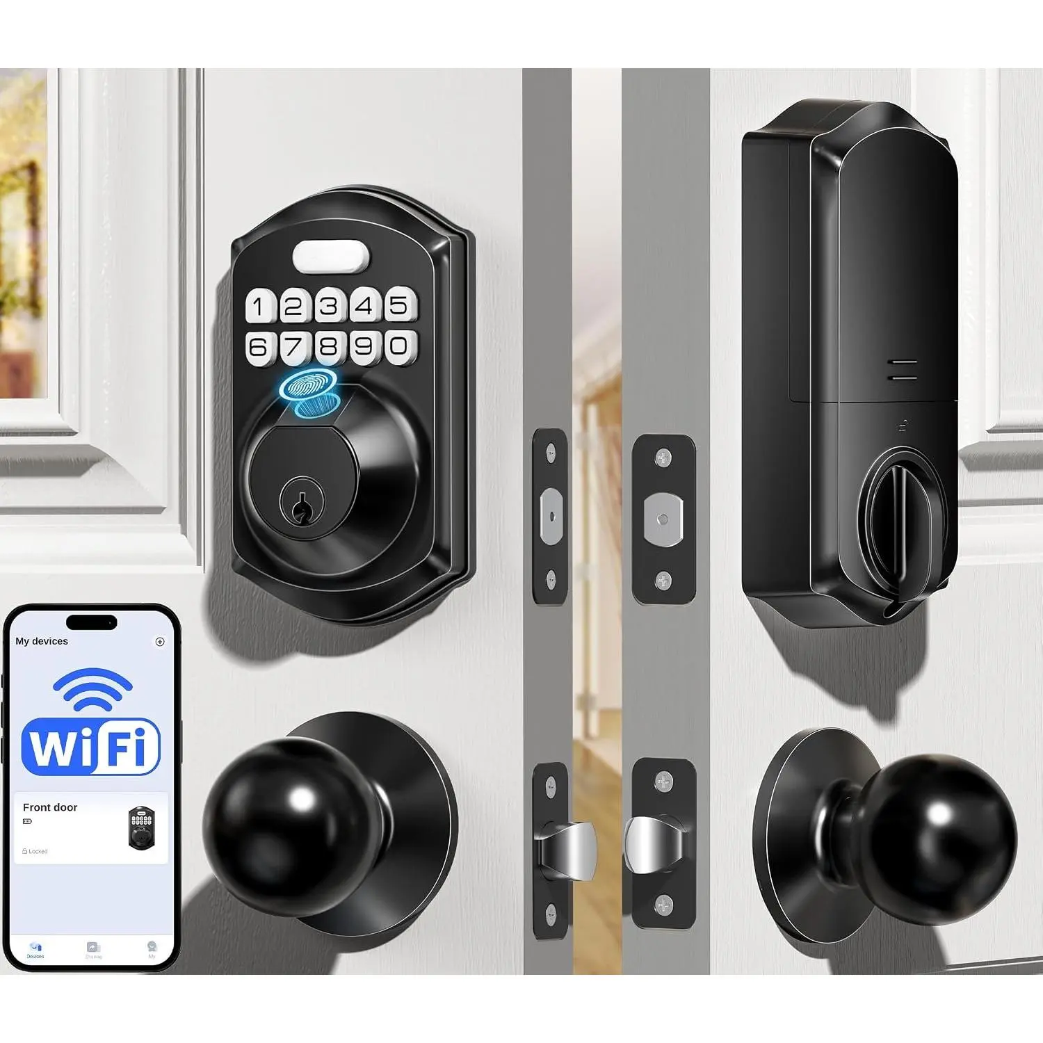 TE012W-K WiFi  Keyless Entry Door Lock with Handle, Fingerprint Door Knob & Digital Keypad, APP Remote Control, Works with Alexa & ,  Deadbolt for Front Door, Matte Black