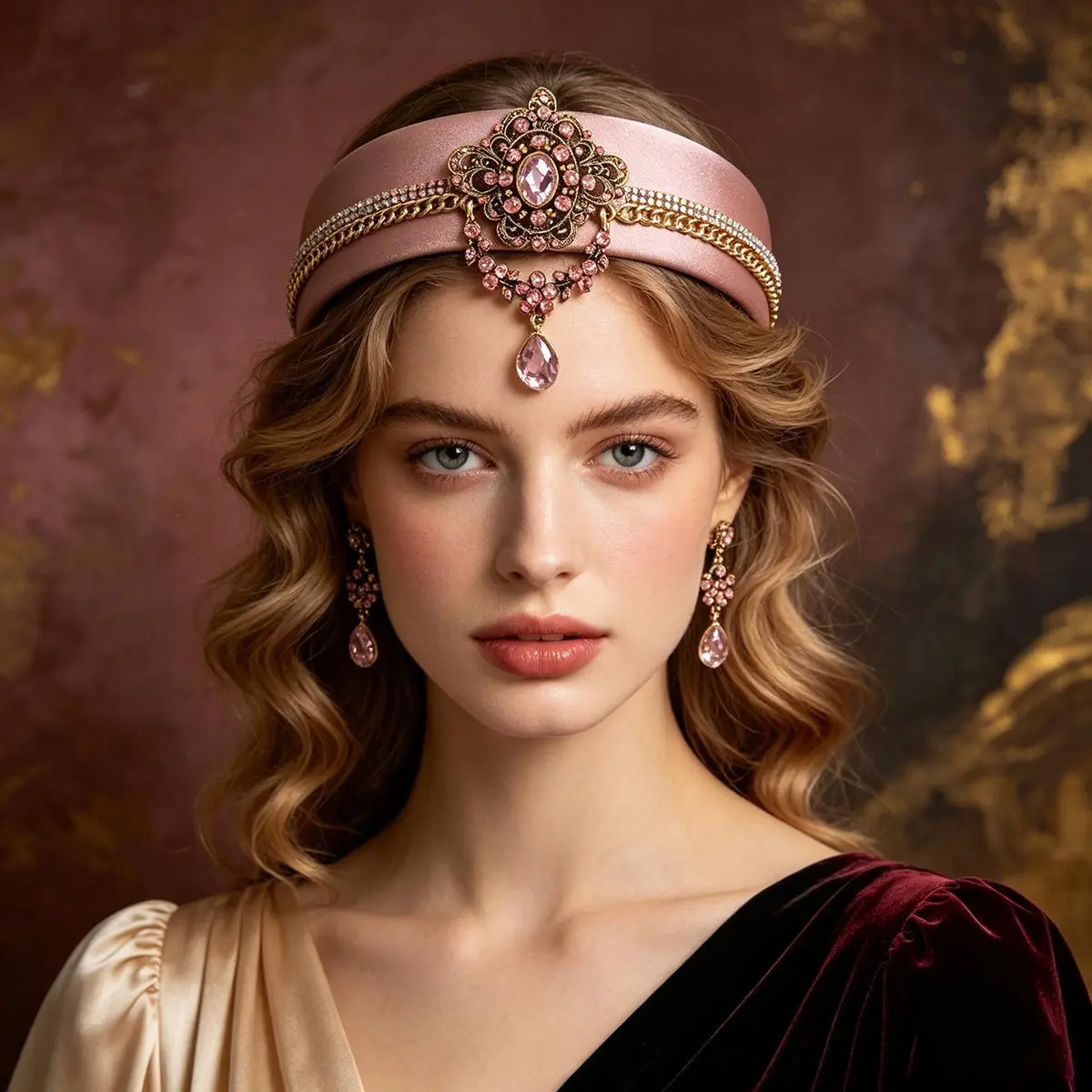AWAYTR Luxury Baroque Padded Headband for Women Vintage Rhinestone  Metal Chain Satin Hairband Elegant Dress‑up HairHoop Hair Accessories for Party Wedding Daily Wear