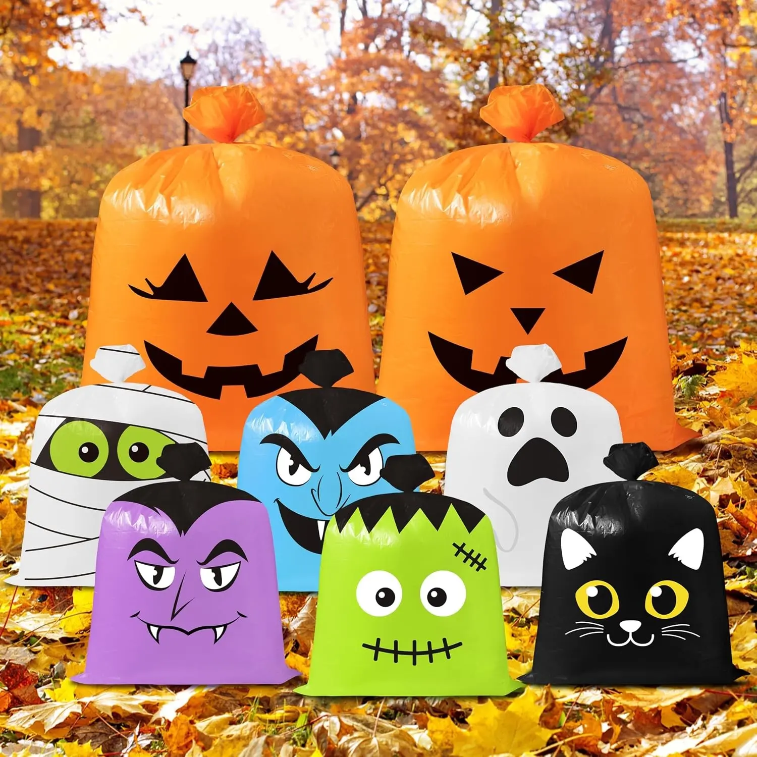 CNhoqc Halloween Lawn Leaf Bags, 8 Pcs Pumpkin Cat Ghost Mummy Twist Ties | Heavy Duty Tear Resistant Plastic, Large Grass Leaf Trash Storage Container, for Outdoor Porch Garden Halloween Decorations