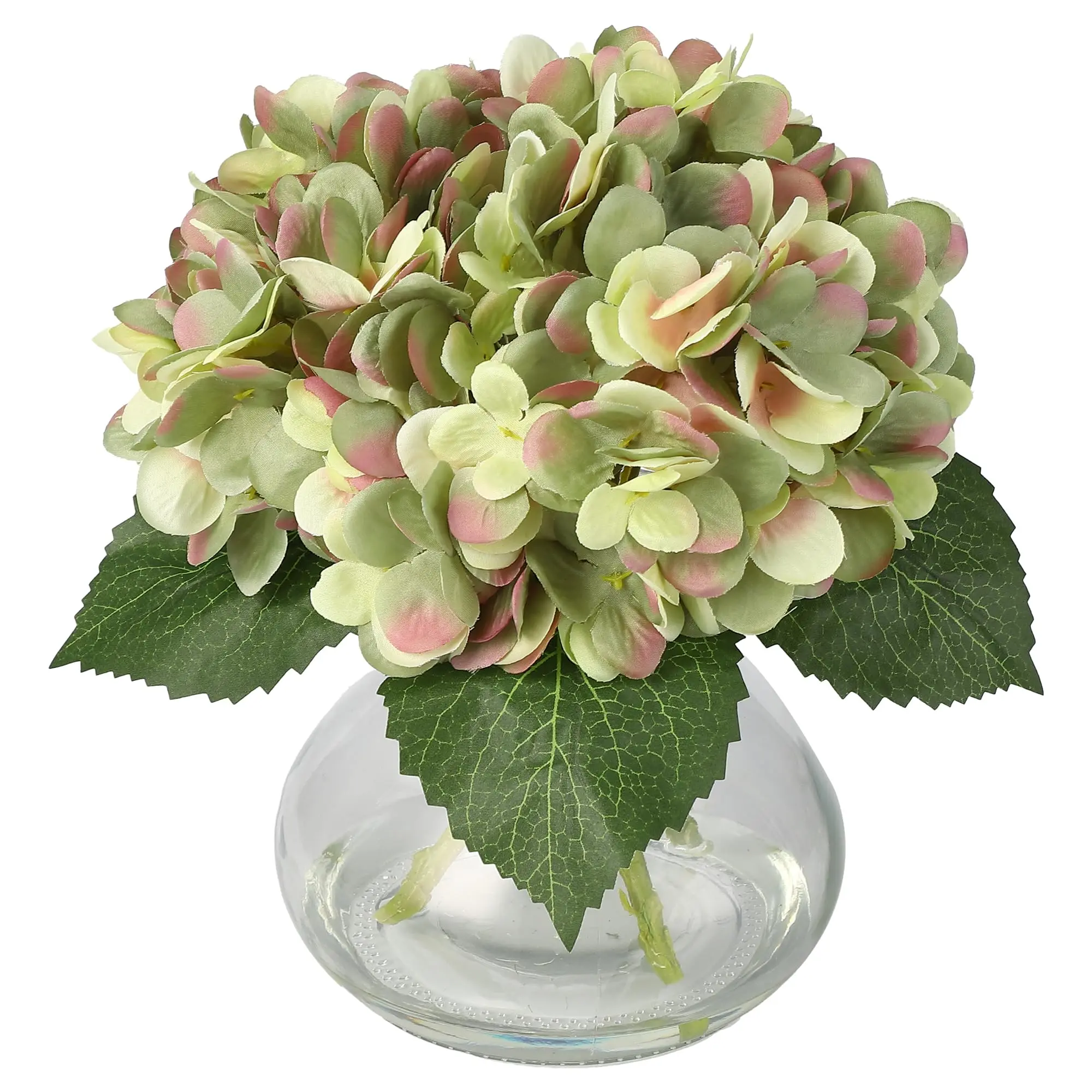 Adjustable Fake Hydrangea Flower Arrangement - Lightweight Real-Touch Silk Bouquet in Glass Vase with Faux Water, Natural Hues Floral Decor for Dining Table, Ideal Gift