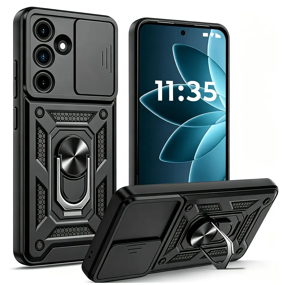 Heavy Duty Slide Camera Cover Phone Case With 360 Degree Rotating Ring Kickstand For Iphone 17 18Pro 16 15 14 13 12 11  Promax Samsung S21 S22 S23 S24 S25 S26 Ultra FE A35 A36  A14 A15 5G Dual Layer TPU PC Shockproof Anti Drop Protective Shell