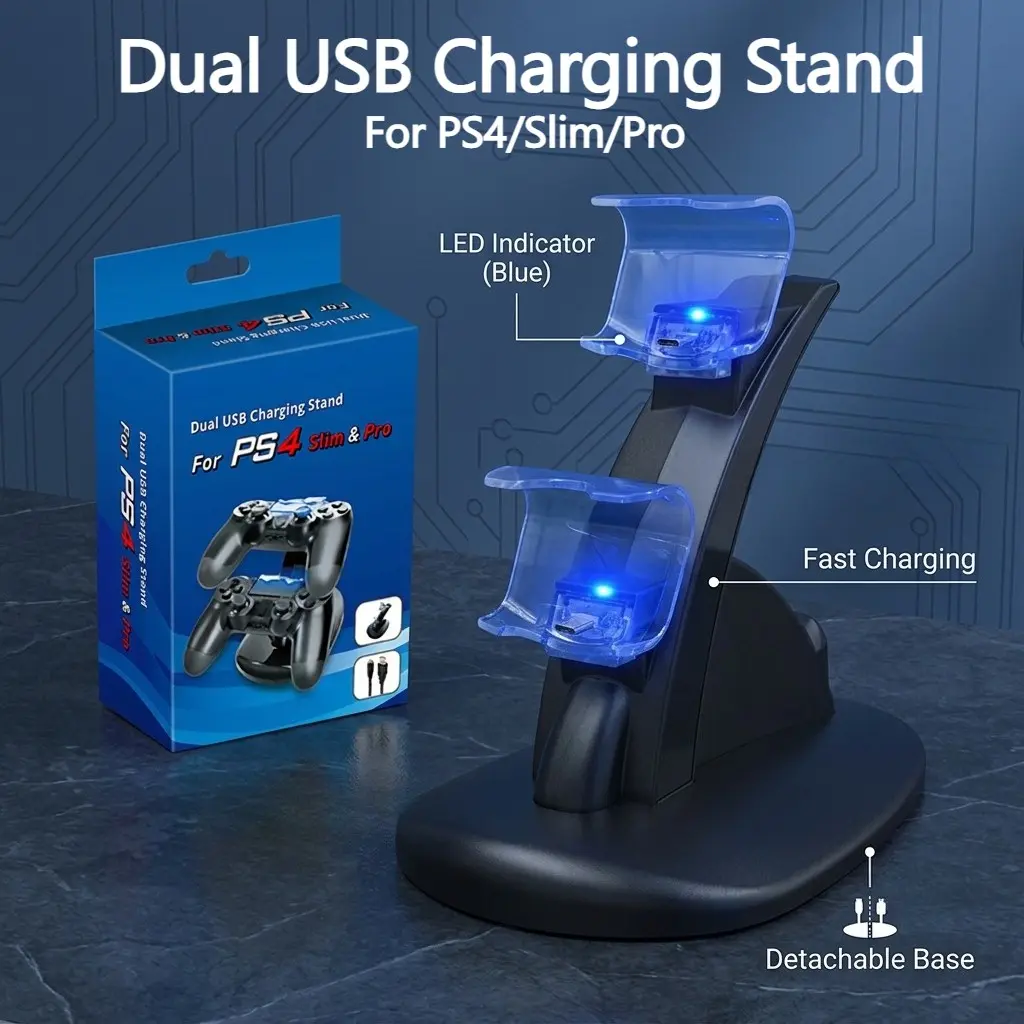 Ps4 Controller Dual Charger Stand, Detachable, Micro USB Port, Charges Two Controllers Simultaneously, Ideal for Travel Use