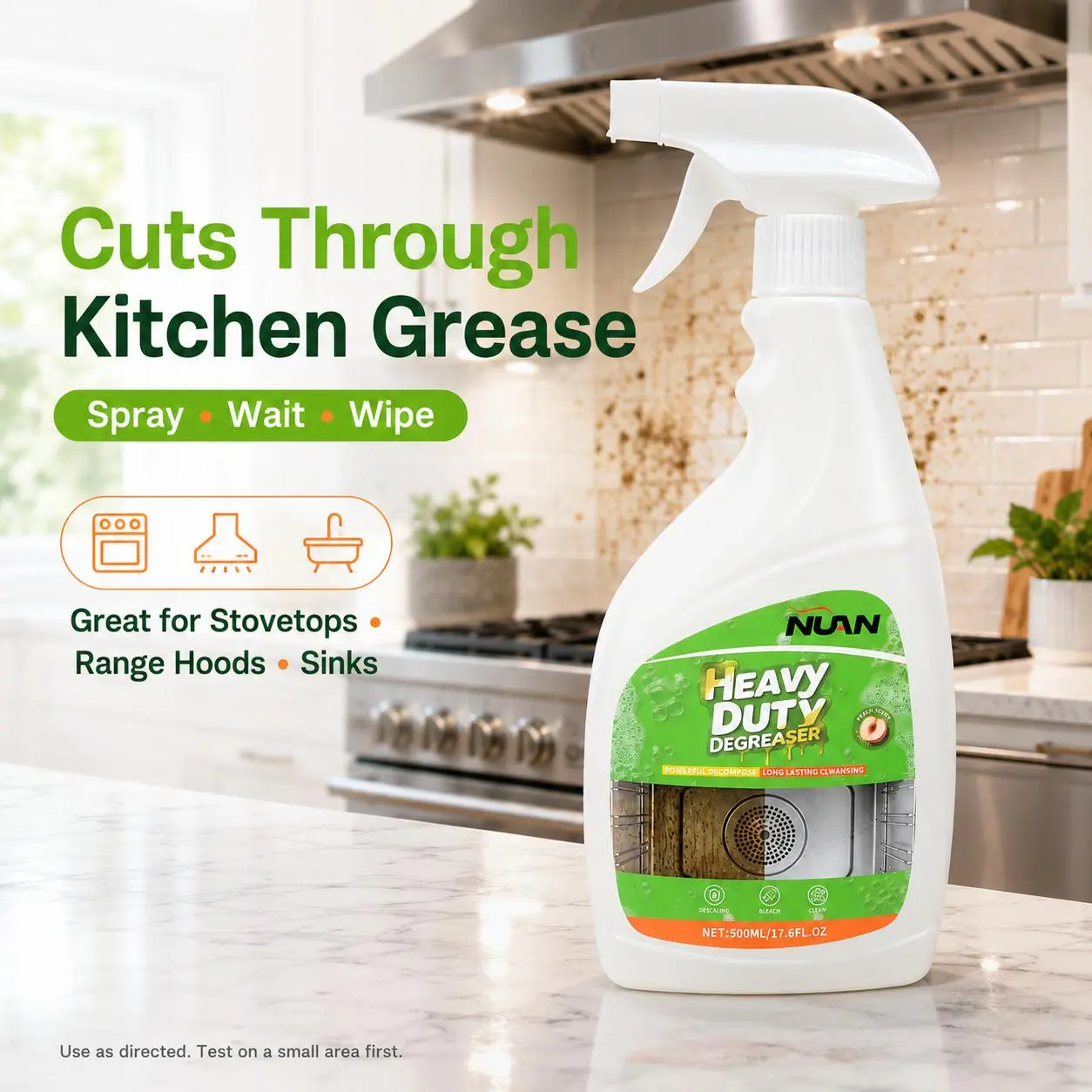 NUAN heavy duty degreaserNUAN Super Fast Kitchen Degreaser – Quickly removes grease from stoves, ovens, and range hoods for sparkling clean surfaces.
