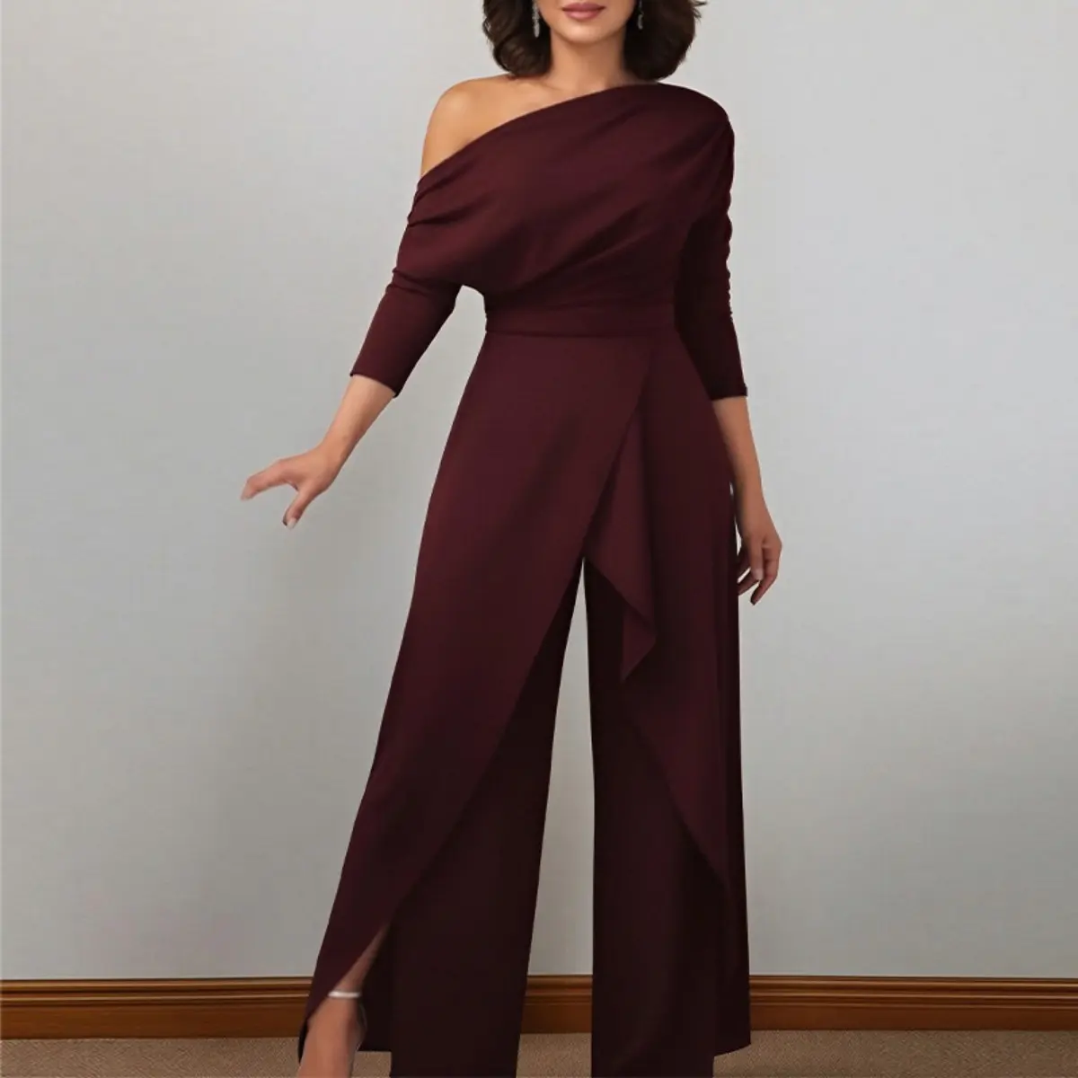 Women's Minimalist Polyester Ruched Wrap Off-Shoulder Jumpsuit - 3/4 Sleeve, High Elasticity, Straight Wide Leg, Plain Solid, Formal Party Outfit, All-Season, Accessory-Compatible, Machine Washable Womenswear