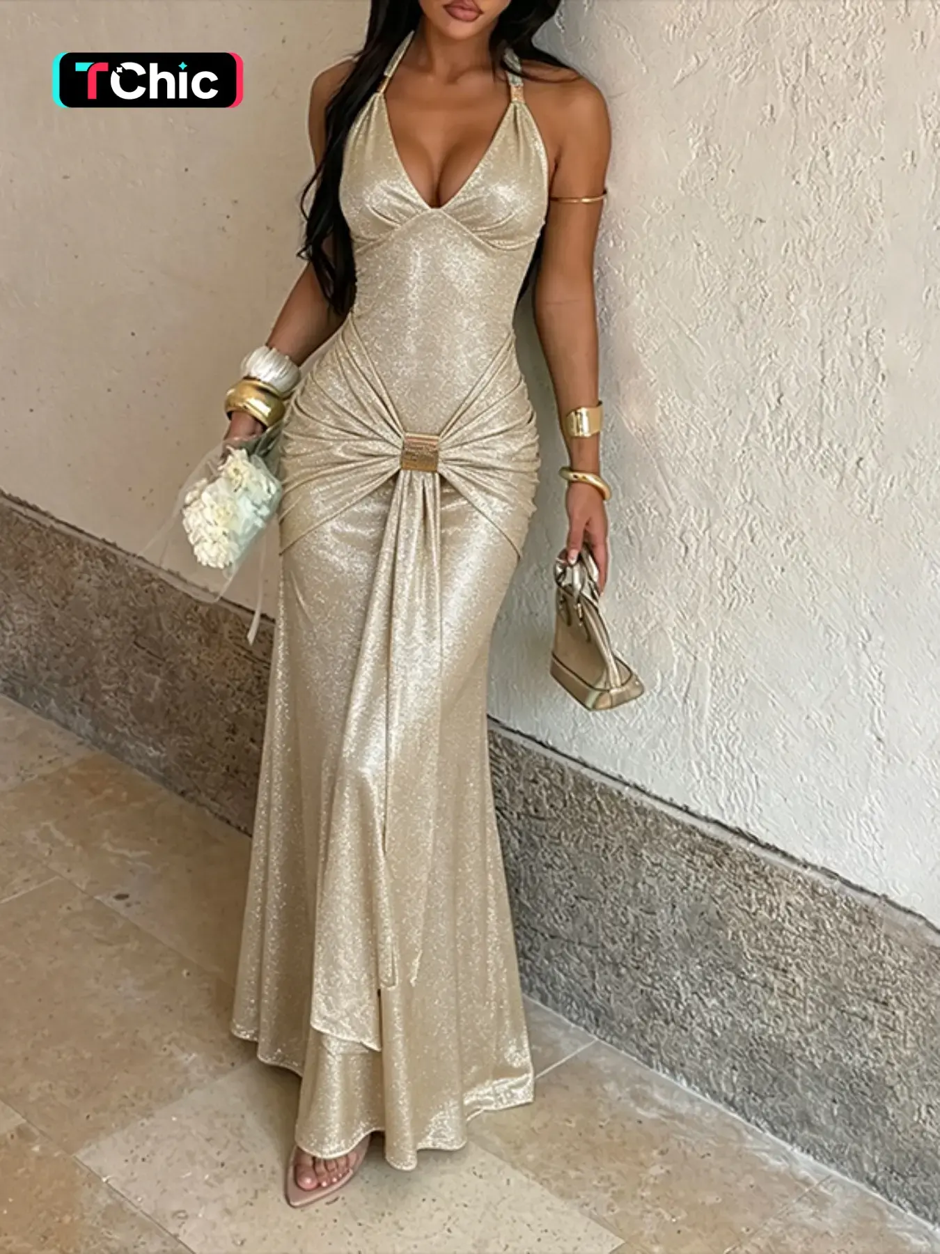 Elegant Halter Neck Gown Dress, Sparkling Fine Detailing, Elegant Formal Style, Stylish Evening Wear, Unique Gift Idea, Elegance