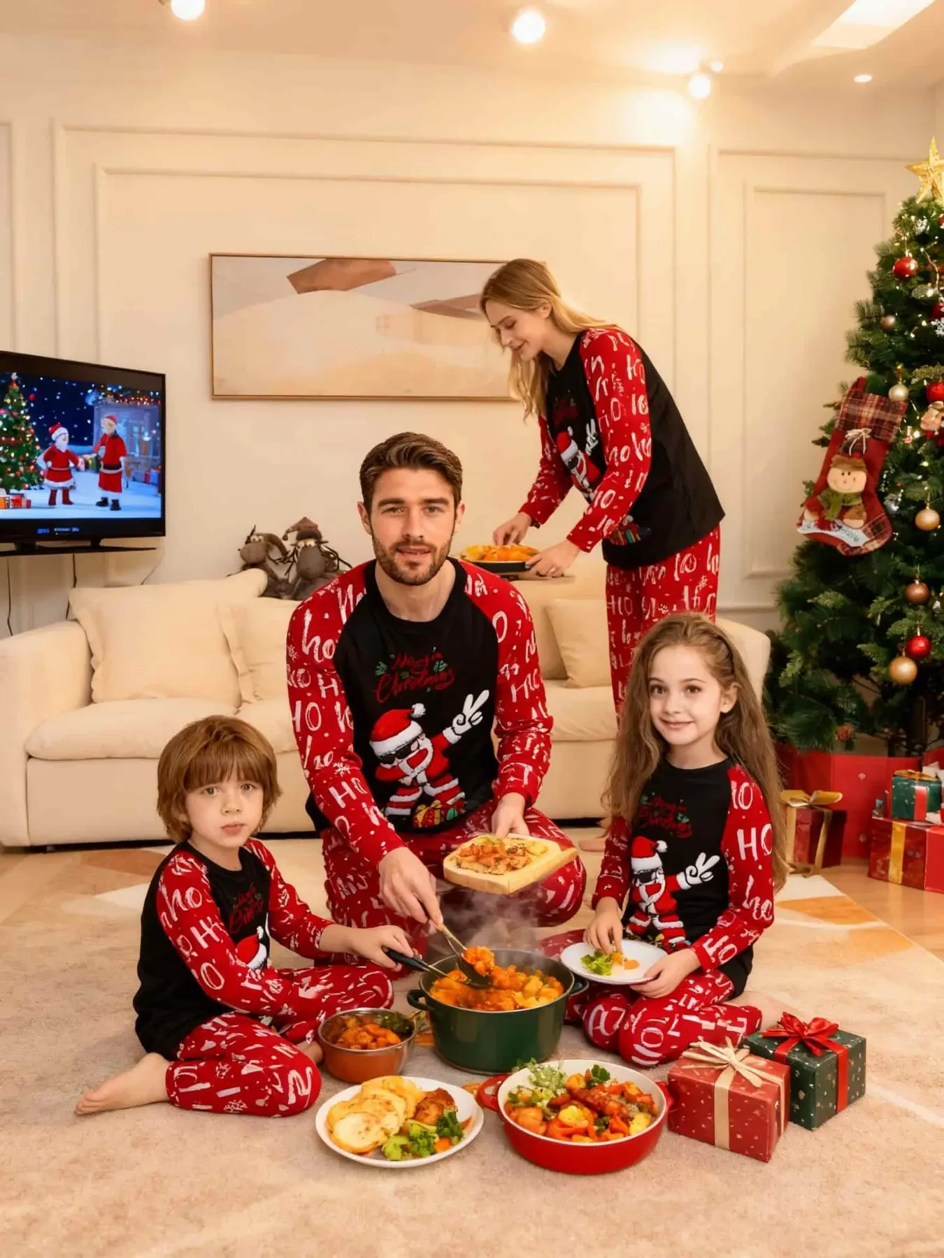 2-Piece Christmas Pajama Set for Men Women Kids, Long Sleeve and Pants, Casual Loose-Fitting, All Seasons, Family Matching Sleepwear