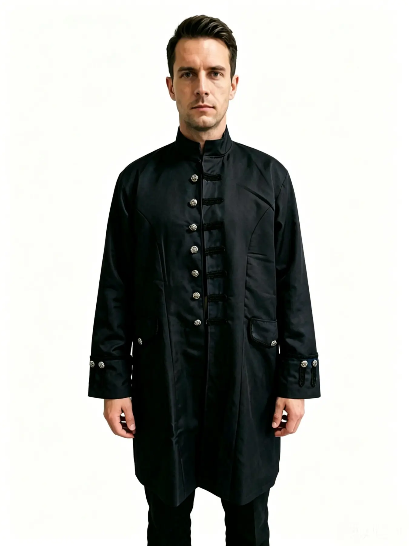 Vintage Gothic Stand Collar Button Front Medium-Length Coat, Medieval Gentleman Tailcoat, Men's Dark Court Dress, Halloween Ball Performance