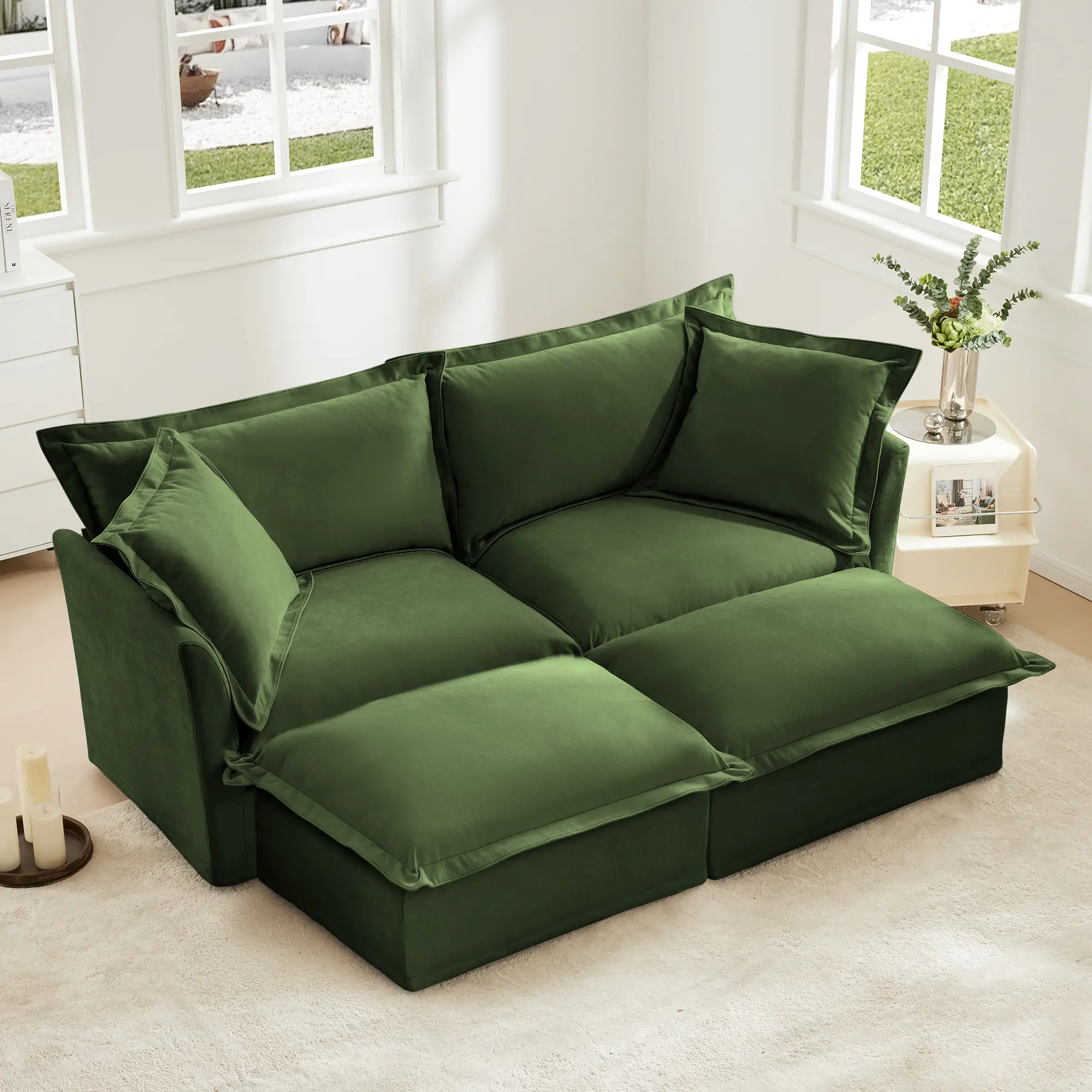 ARCH Slipcovered 2 Seater Sofa with 2 Ottomans, Sleeper Sofa Bed for Living Room Home Theater, Oversized Couch, Chenille Upholstered, Green, 2-Seat Sofa Set with Ottoman, Living Room Furniture for Apartment, Lounge, Family Room, Sofa Couch Seating
