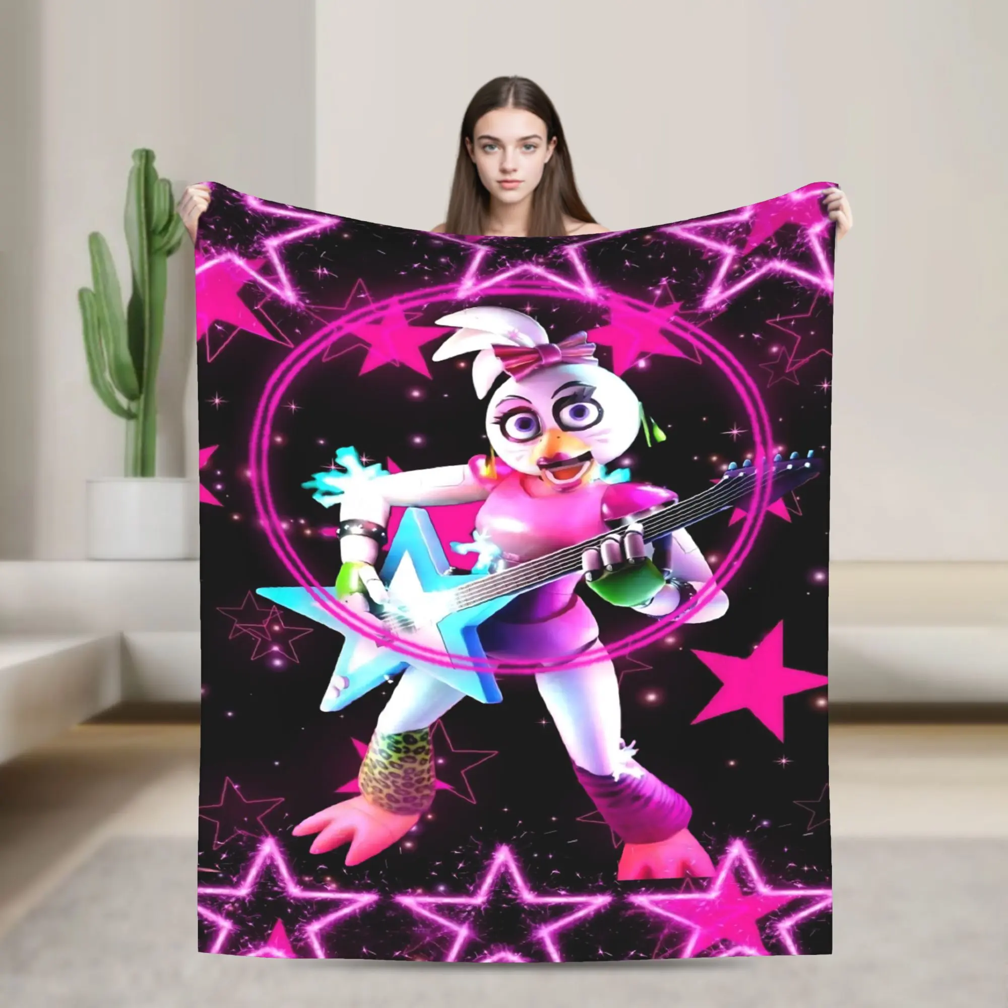 Glamrock Chica Flannel Blanket Five Nights at Freddy's Pink Star Print Throw Blanket Sofa Bed Cover