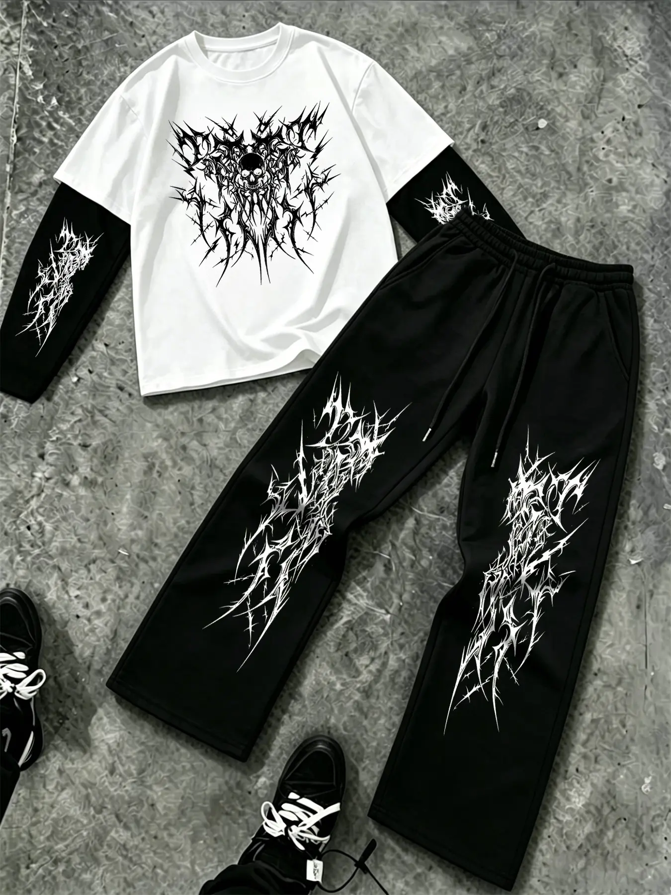 Men's Two-Piece Set, Thorn Skull Sharp Text Print Long Sleeve T-Shirt & Wide Leg Sweatpants, Gothic Y2K Style, Loose Fit, Streetwear, Outfit Sets, Menswear