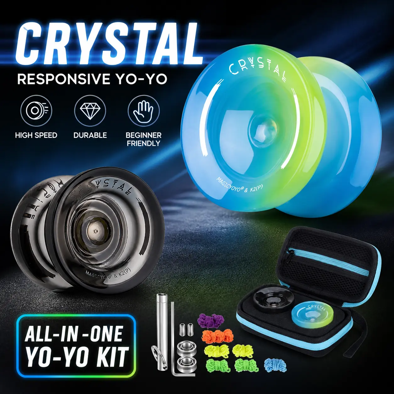 Professional Crystal Responsive Yo-Yo Toy for Kids, High-Performance Plastic Trick Yoyo for Beginners, Black, Blue and Yellow, Fast Shipping, Easy Support, High-Quality, Affordable, High-Speed