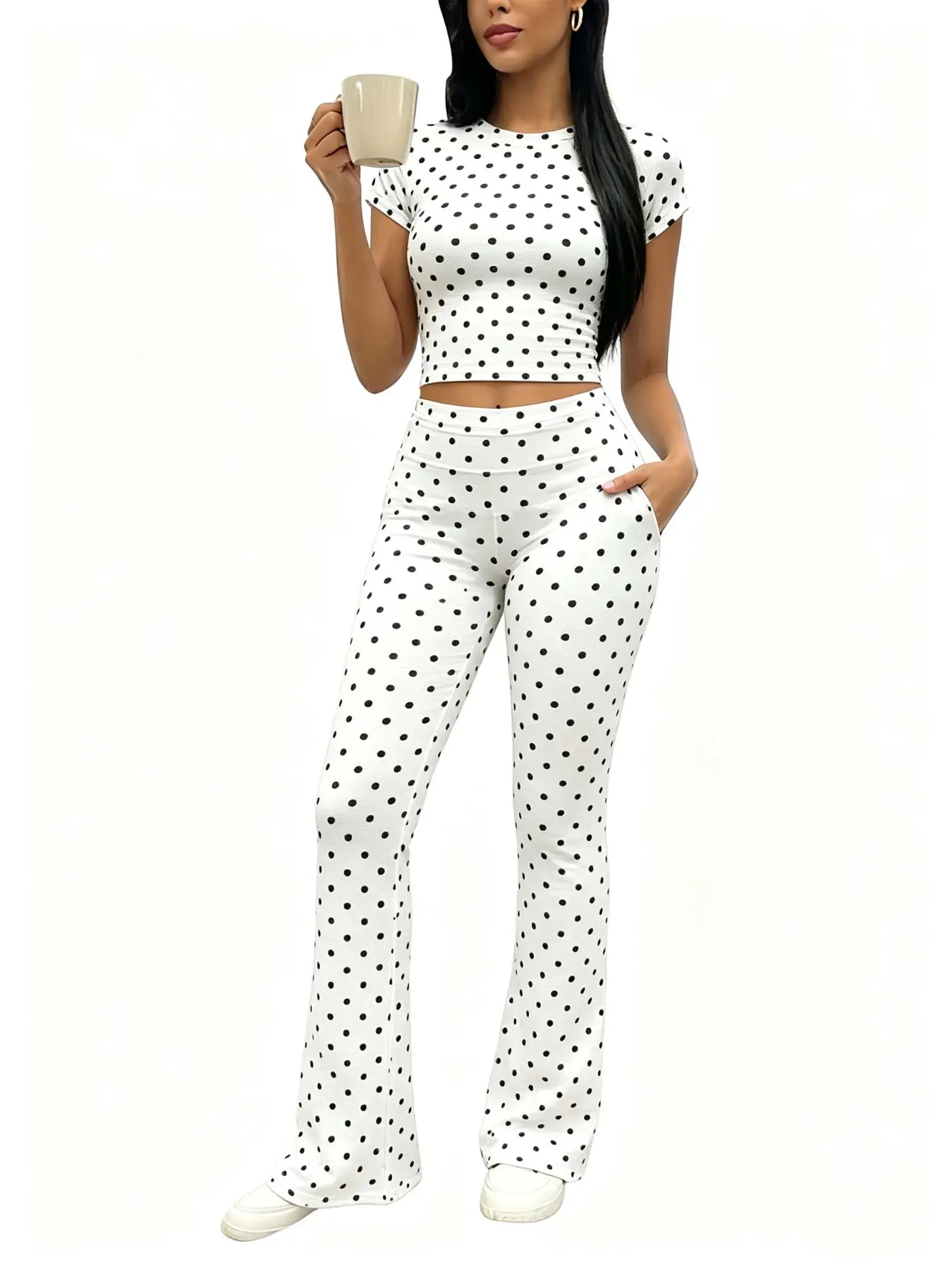 Soft Stretch Polka Dot Matching, Slim Crop Tee & Elastic Waist Flared Bootcut Trousers, Casual Style, Unlined, Batch Number 202604
