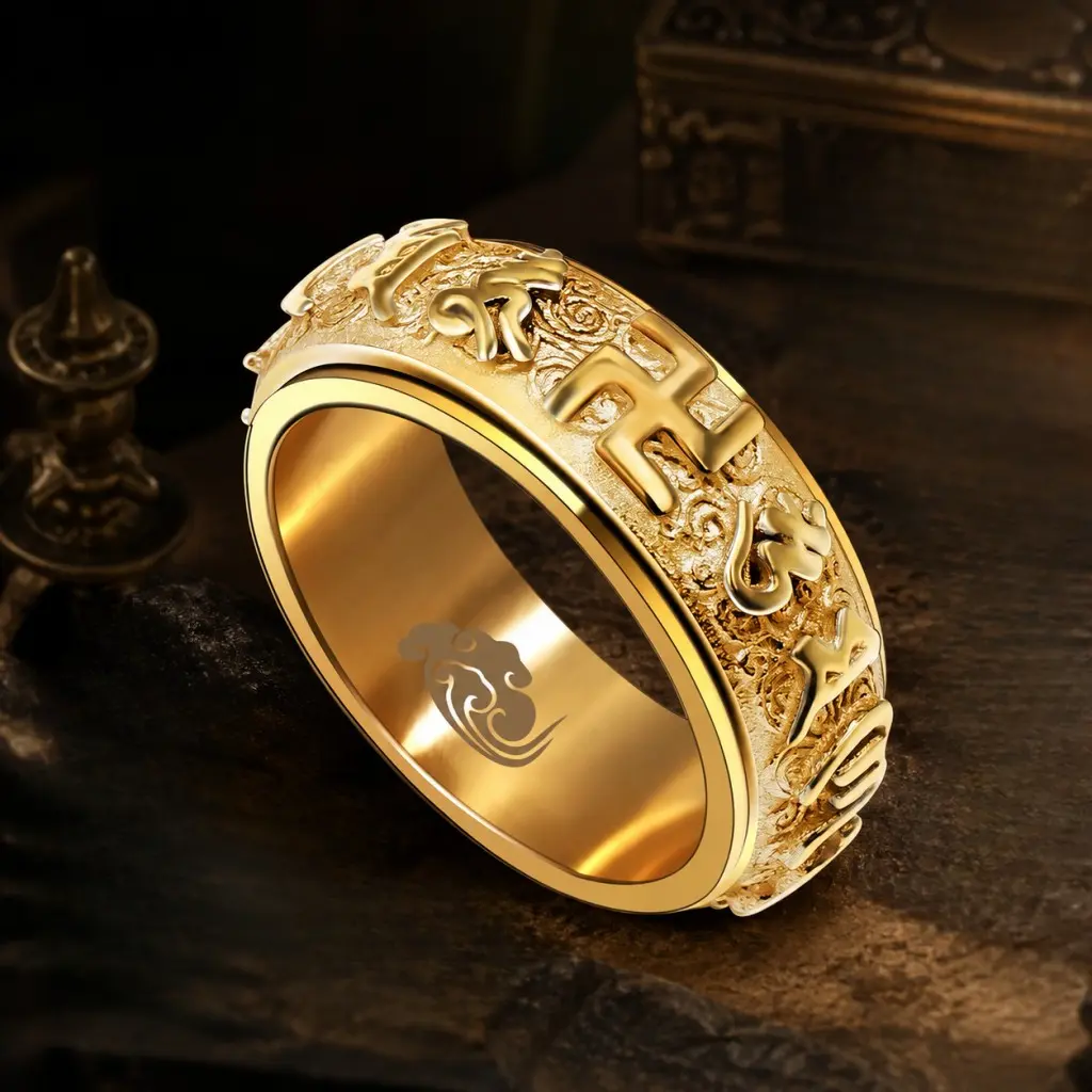 Gold Plated Stainless Steel Spinner Ring for Men Women, Vintage Embossed Rotatable Fidget Ring for Anxiety Relief, Unisex 8MM Wide Stress Relief Meditation Band Ring, Tarnish Resistant Comfort Fit Wedding Band marquise engagement sohochic